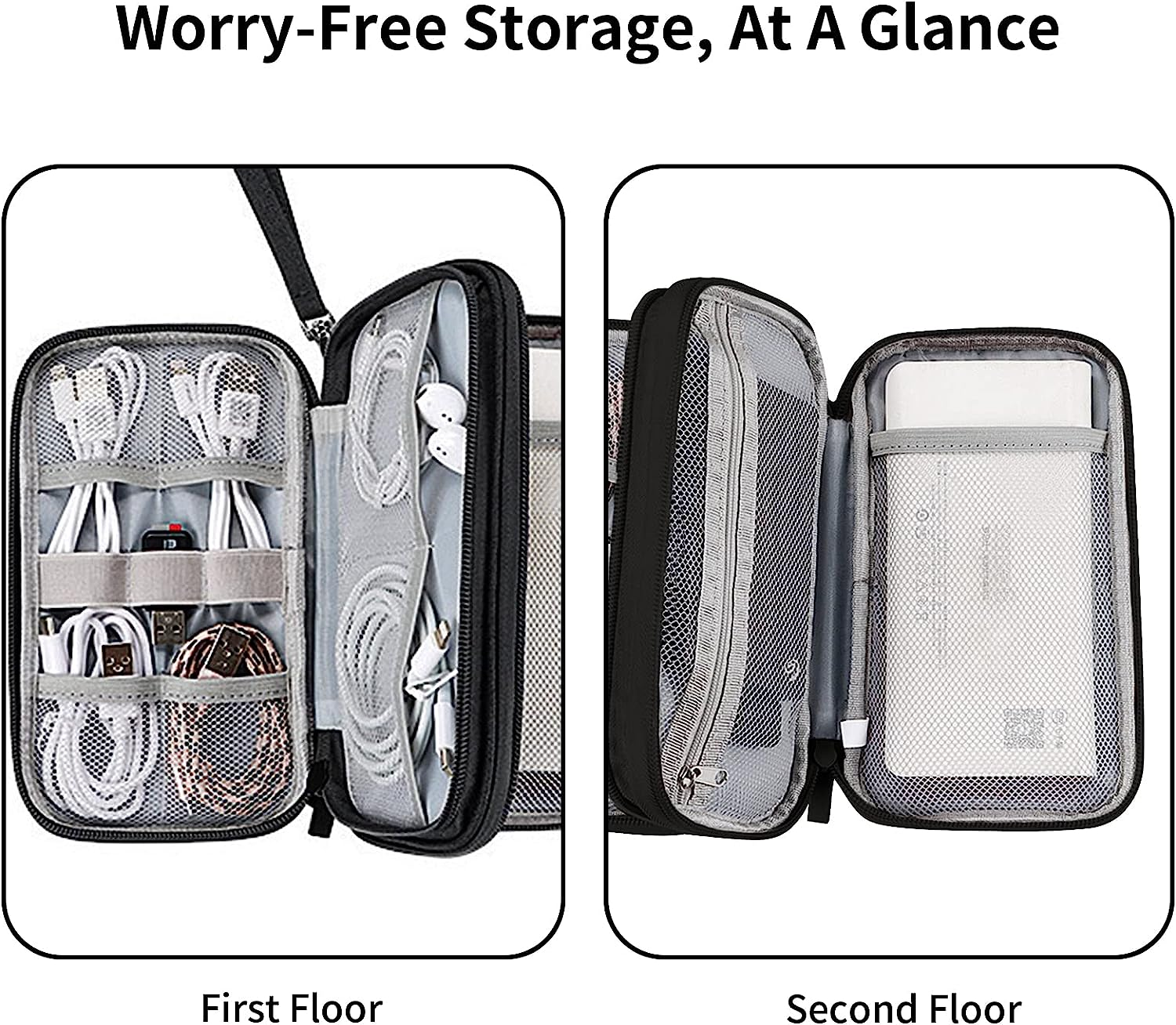 Electronics Travel Cord Organizer Bag, Double Layers Travel Cable Storage Carry Case, Water Resistant Small Tech Accessories Pouch for Charger, Power Bank, Mouse, Earphone, SD Card (Black) image number 1