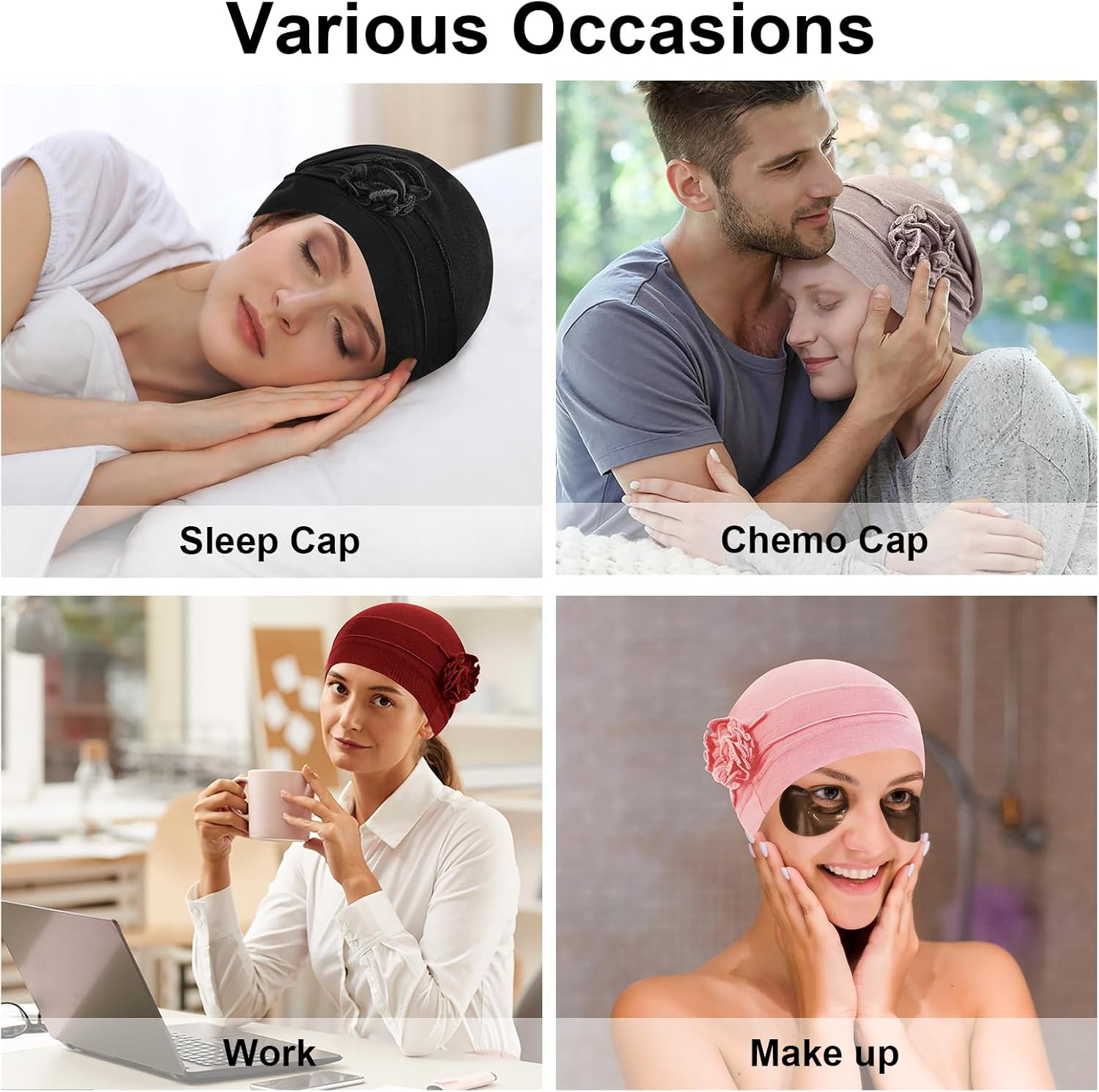XEPST Pack of 4 Women'S Chemo Hats Bandana Turban Women'S Chemo Turban Headwear Beanie Hat Cap for Women Cancer Patients Hair Loss - Black, Red, Pink, Beige image number 4