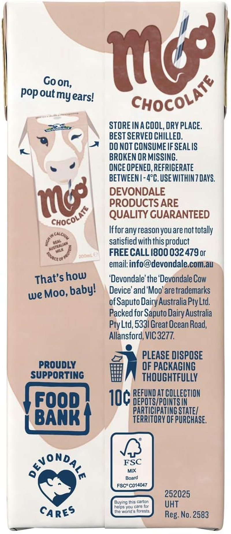 Devondale Moo Chocolate UHT Milk, 6X200Ml image number 2