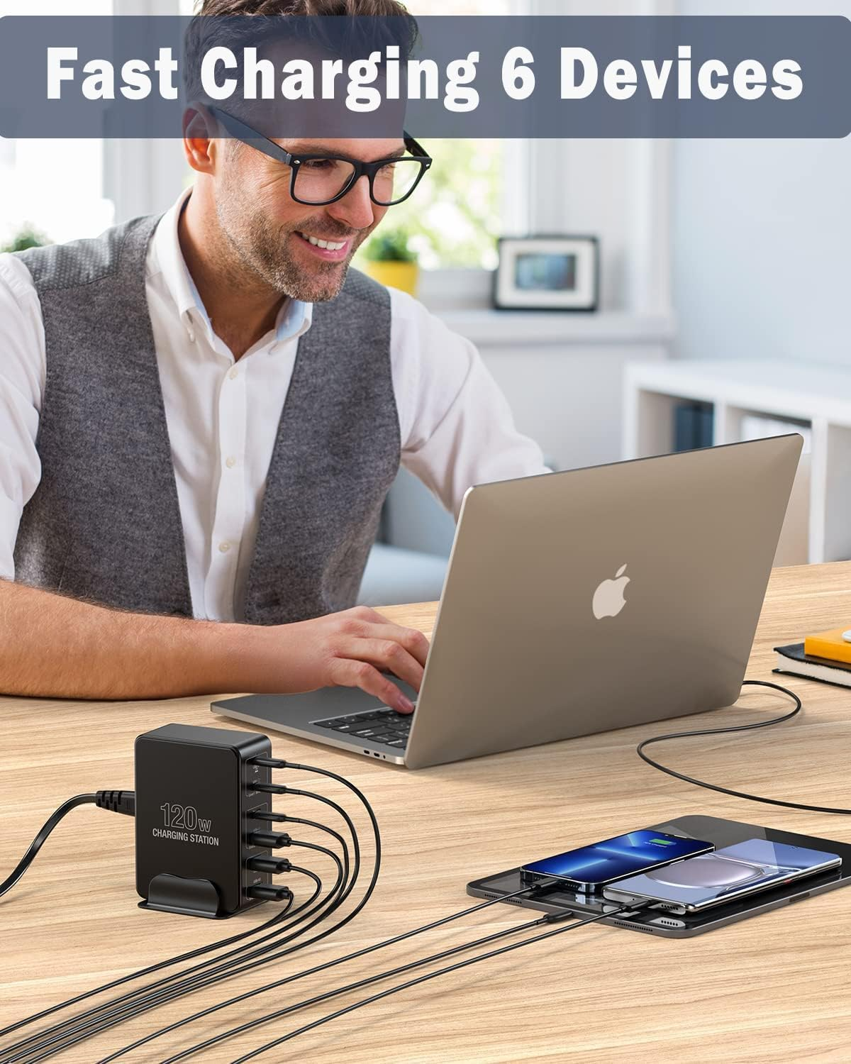 ZHAM USB C Charger, 120W 6-Port Laptop Charging Station Power Adapter with 3 USB C and 3 QC USB A, Portable Multiport PD Fast Charger for Macbook Pro/Air, Ipad, Iphone 15/14/13/12, Galaxy S23/S22 image number 4