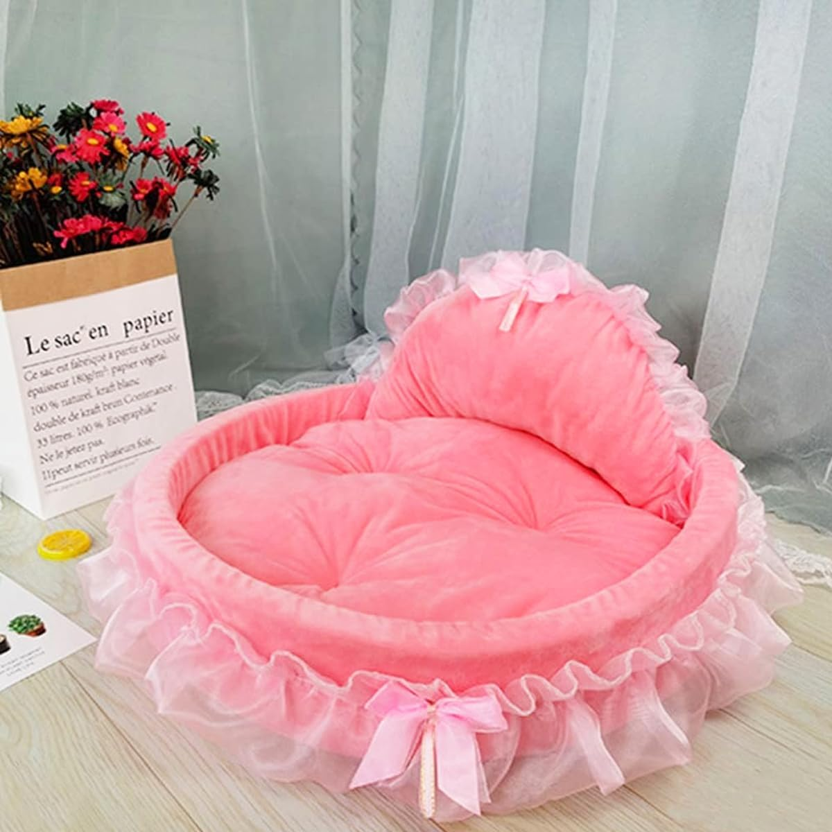 AIMALL Soft Princess Pet Bed with Lace Design and Removable Cushion for Cats and Small Dogs Anti-Slip Bottom 18.9 Inches Diameter image number 3