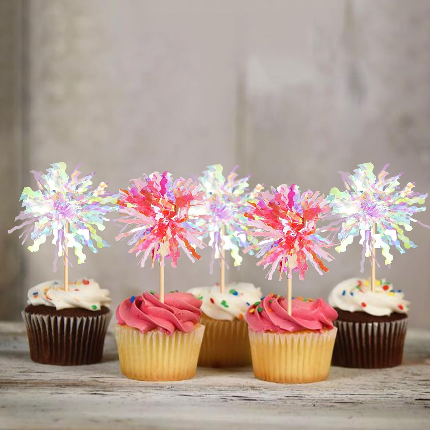 20 Pack Foil Firework Cupcake Toppers Party Birthday Cake Toppers Supplies Sparkle Tinsel Cocktail Fruit Toothpick for Birthday Wedding Graduation Party White+Pink - Black Orange image number 5