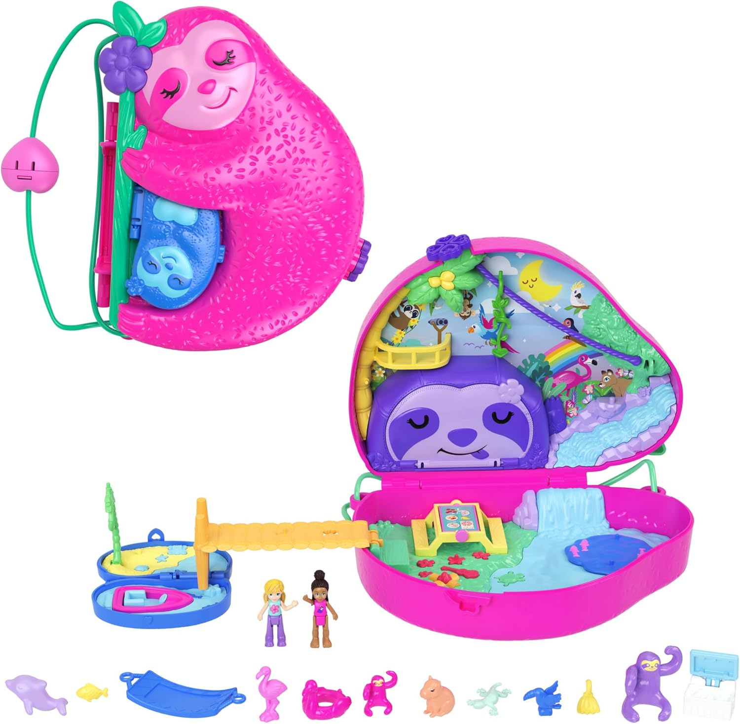 Polly Pocket Playset and Travel Toy with 2 Micro Dolls and 12 Accessories, Animal Toy, Sloth 2-In-1 Purse Compact image number 4