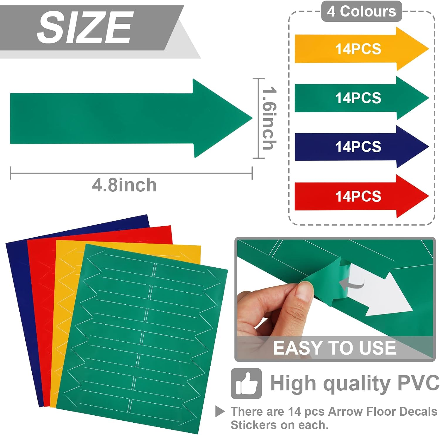 Arrow Floor Decals, 56 PVC Directional Adhesive Signs, Removable Adhesive Arrow Floor Decal Marking Stickers, 1.6X4.8In