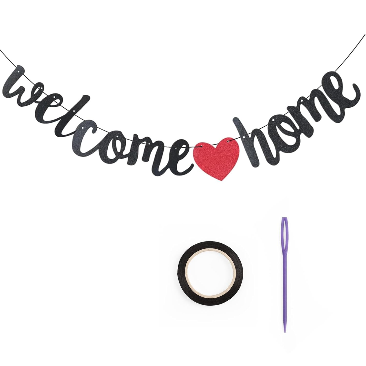 Viiotu Welcome Home Banner, Welcome Home Banners Flag, Glitter Bunting Backdrop with Shiny Powder, Welcome Rope & Easy Assembly for Home Decor, Housewarming, Military Homecomings, Family Celebrations (Black+Red) image number 3
