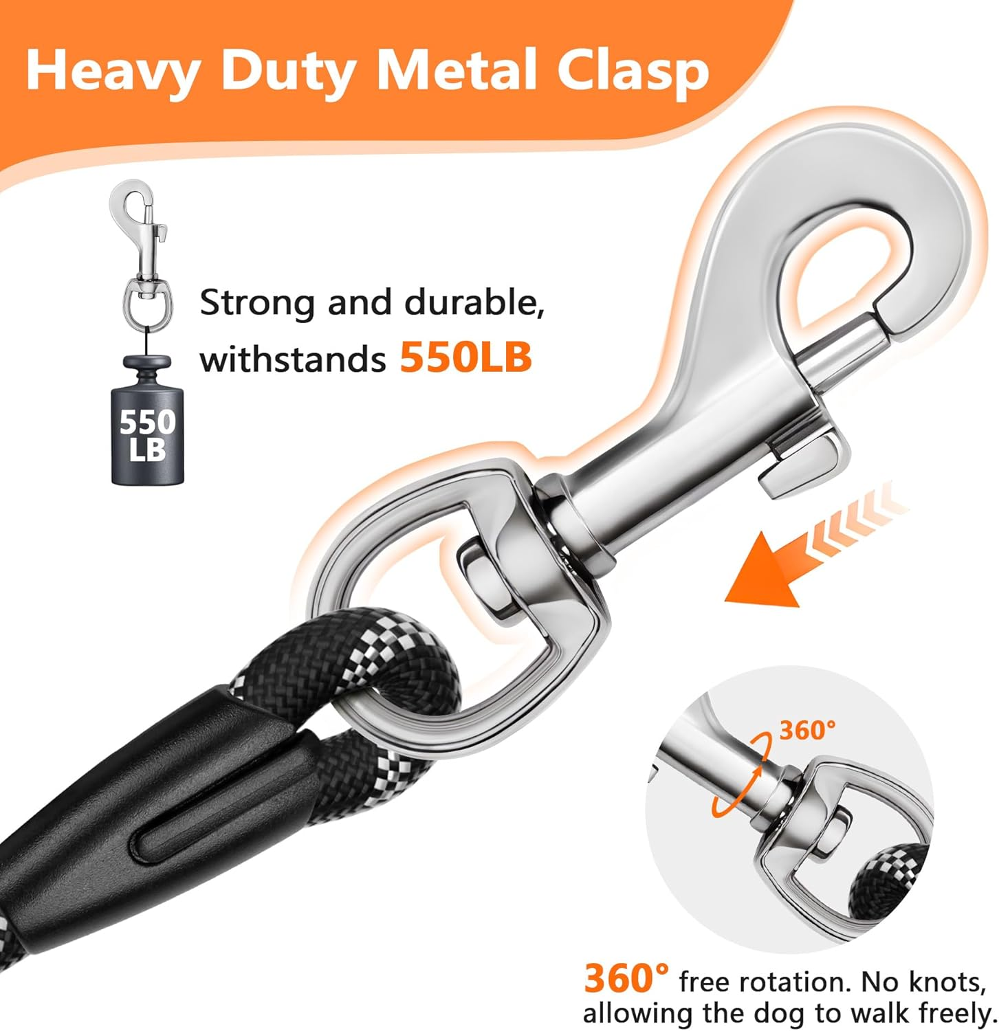 Dog Leash 15M(50Ft), Heavy Duty Reflective Recall Training Leads, Rope Dog Leads for Large Medium Small Dog, Long Leash for Dog Training, Walking, Playing, Black