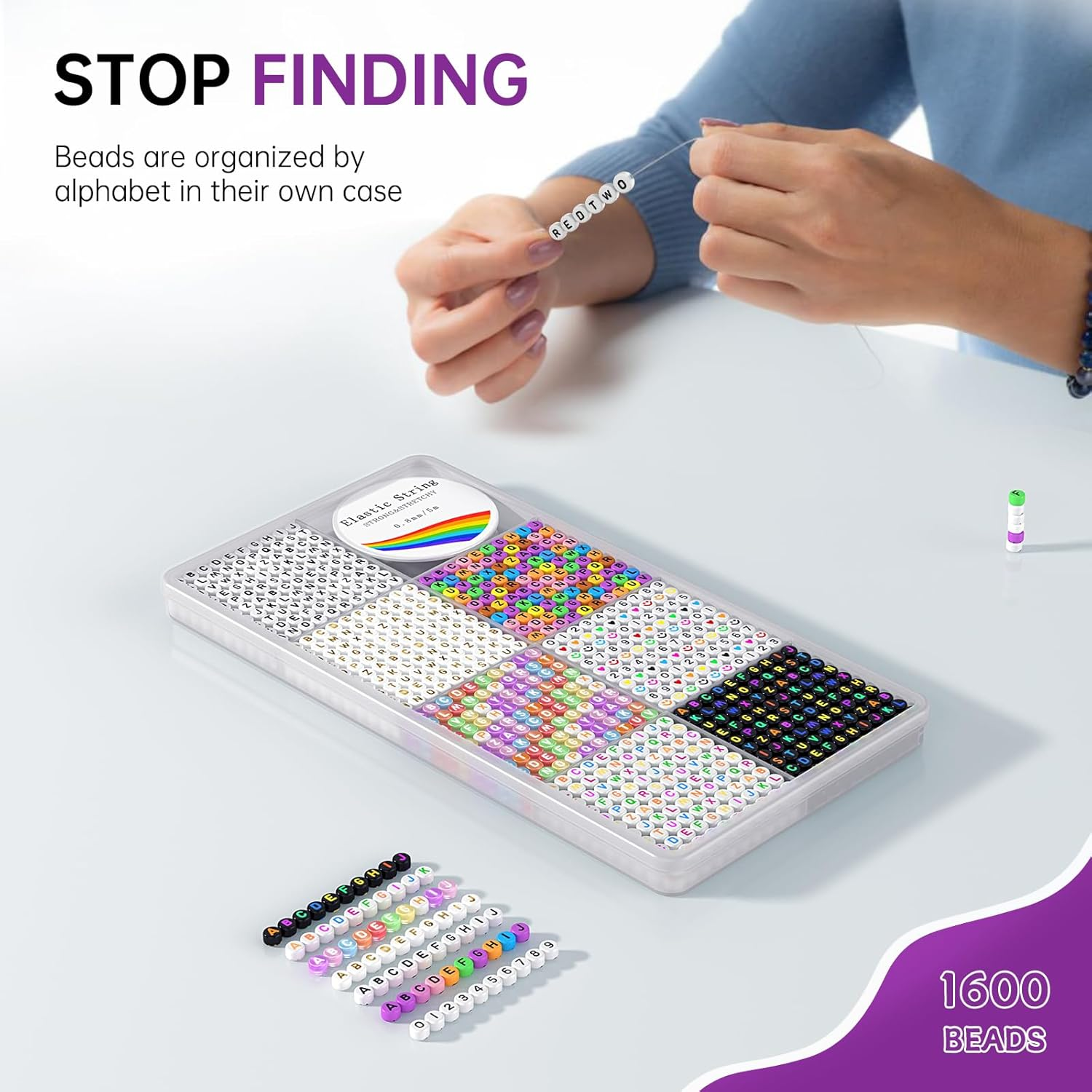 Redtwo 1600 Pcs Letter Beads Kit, 6 Styles of Colorful Alphabet for Bracelet, Numbers, Smiley Face, Heart and Elastic String for Friendship Bracelet Kit image number 4