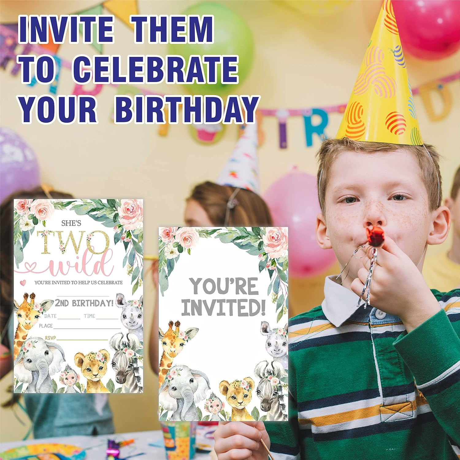 Two Wild Birthday Party Invitation, 2Nd Jungle Animals Invite Cards（20 Count) with Envelopes, Floral Fill in Style Invite Cards for Boys, Girls, Kids, Birthday Party Supplies-A50 - Four Wild image number 4