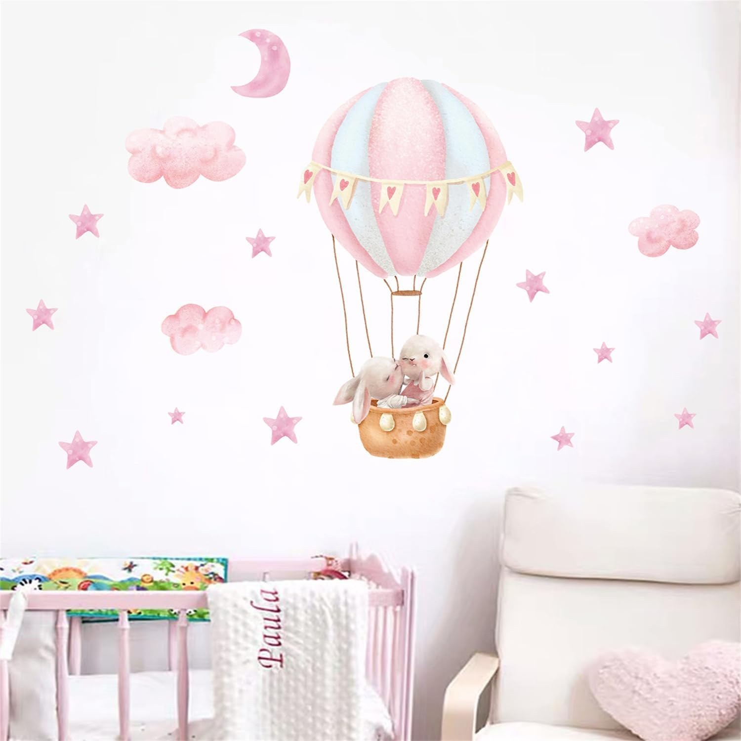 Pink Cloud Hot Air Balloon Rabbit Wall Decal Cute Bunny Moon and Stars Wall Stickers Baby Girls Room Nursery Decor image number 4