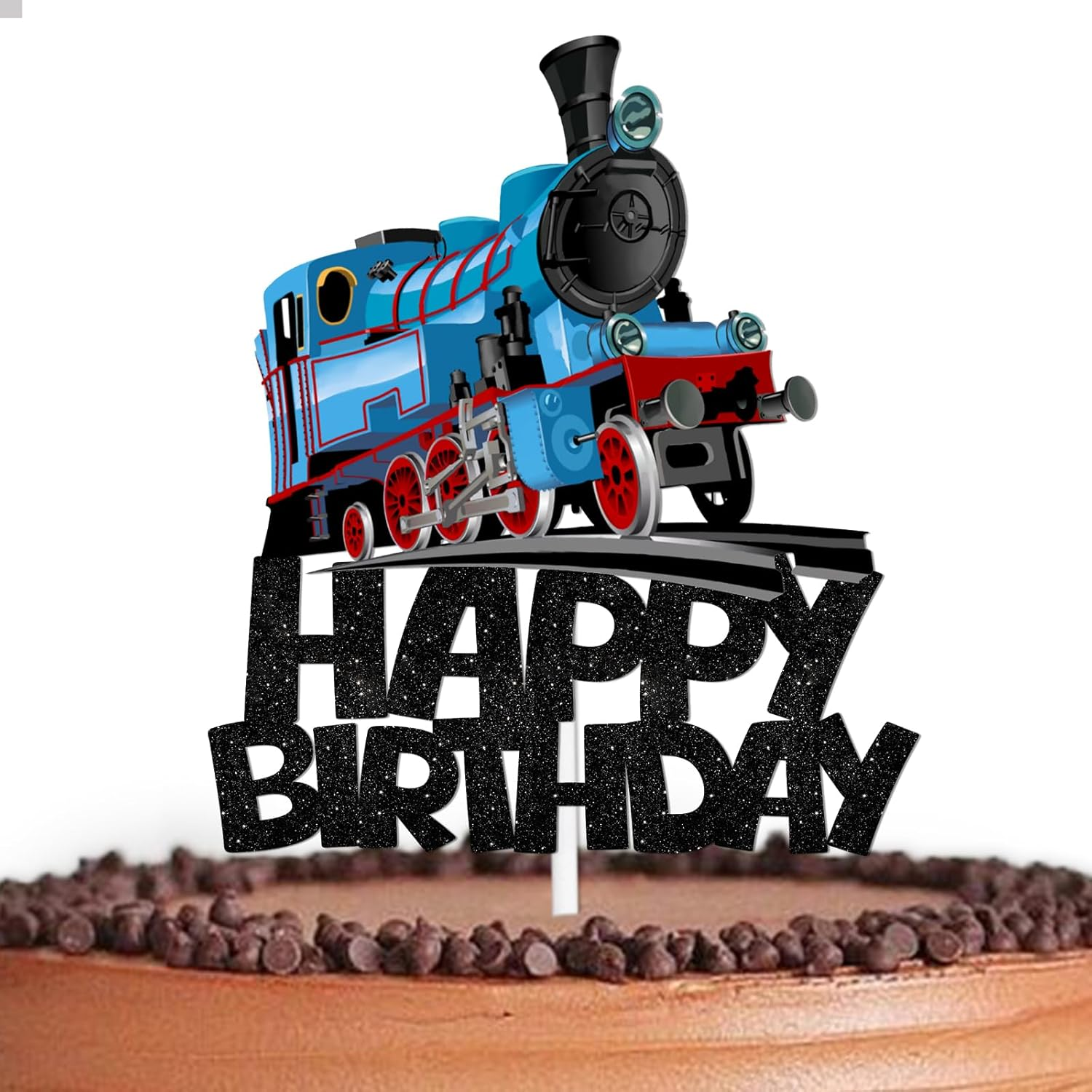Black Glitter Happy Birthday Cake Topper Cheer to Transportation Train Railroad Crossing Theme Decor Supplies Baby Shower Children Boys Girls Happy Birthday Party Decorations