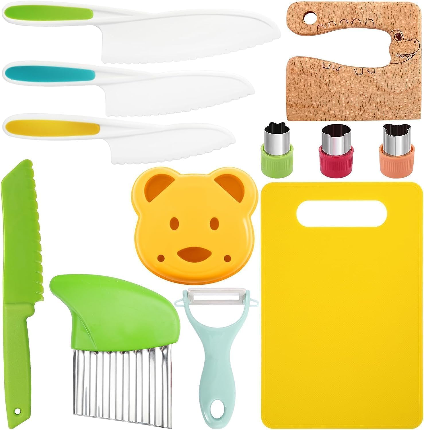12 Pcs Kids Knife Set, Wooden Kids Kitchen Knives for Real Cooking, with Cutting Board, Serrated Edges Toddler Knife, Potato Slicer, Y Peeler, DIY Mold image number 1