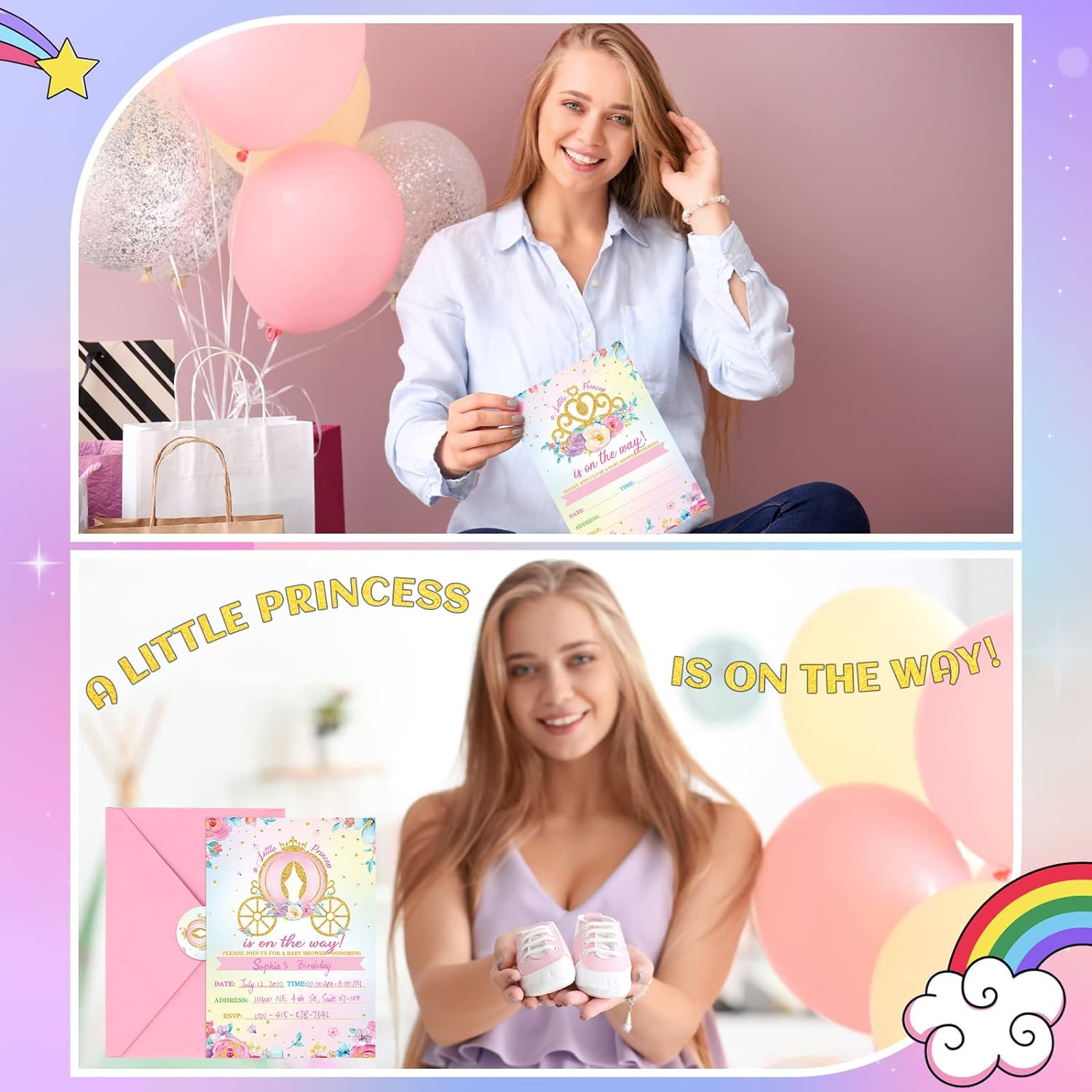 Taobary 24 Set Pink Princess Baby Shower Invitations for Girl, Princess Birthday Party Invitations Cards with Envelopes, and Stickers for Party Favors Girls Castle Supplies(Baby Shower) image number 3