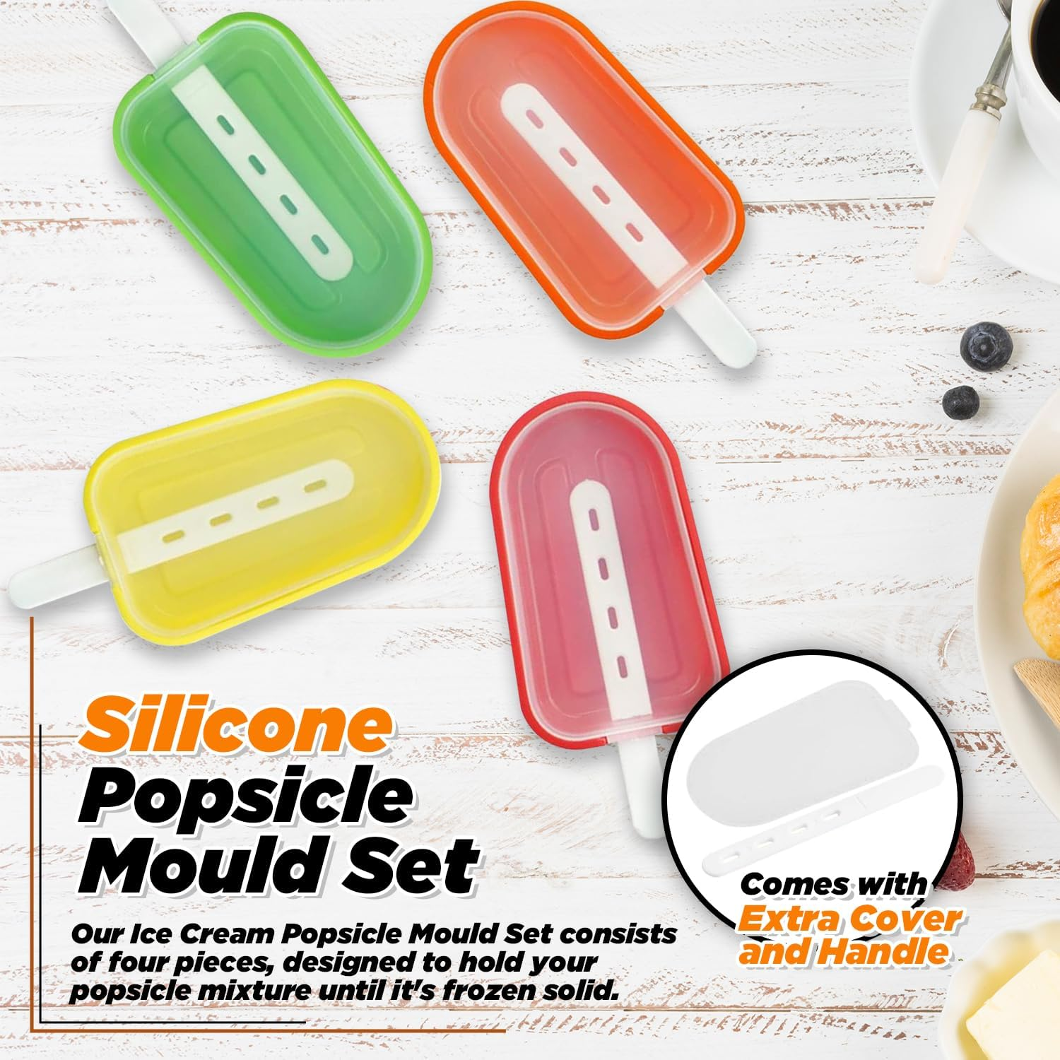 Stackable 4-Piece Multicolour Popsicle Moulds with Lids &ndash; 4 Cavities Silicone Ice Pop Moulds for Cakesicles, Cake Pops, Ice Cream &ndash; Bpa-Free, Easy Release, Bonus Extra Cover & Handle Included image number 3