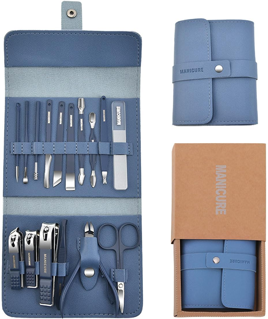Manicure Set, Nail Clippers Pedicure Kit, 16 Pieces Stainless Steel Manicure Kit, Personal Nail Care Tools, Professional Grooming Kits with Travel Leather Case for Thick Nails (Blue)