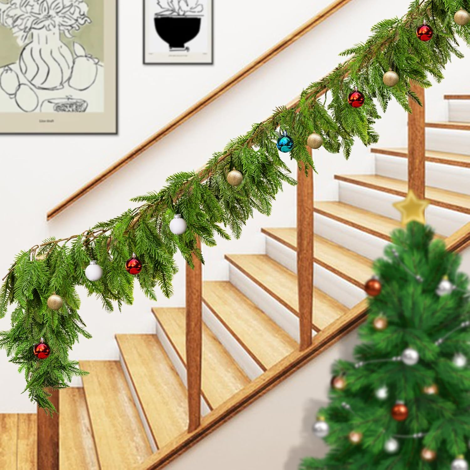 Watayo 6 Ft Christmas Norfolk Pine Garland, 3 Fork Dense Real Touch Pine Garland Ornament, Realistic Artificial Pines Greenery Garlands for Christmas Holiday Mantle Fireplace Table Home Decor image number 2