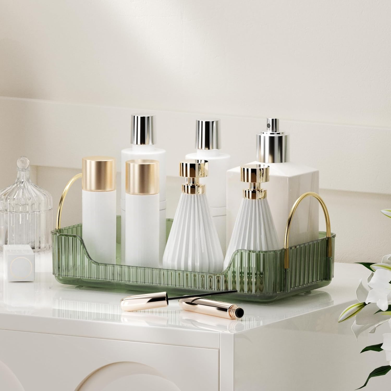 Ycia&Done Bathroom Organizer Countertop, Makeup Storage, Skincare Cosmetic Tray Shelf, Perfume Holder Rack for Vanity Counter, Large Capacity, Easy to Install, Clean, 2 Tiers, Amber Gold