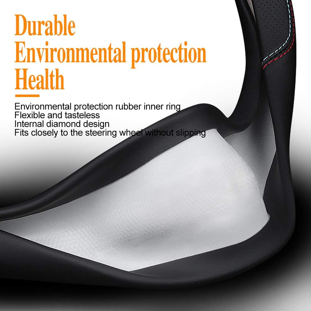 Ultra-Thin Leather Steering Wheel Cover &ndash; Non-Slip, Breathable Grip for Universal 15-Inch Wheels &ndash; Premium Black Stitching & Heat-Resistant Design (Black and White)