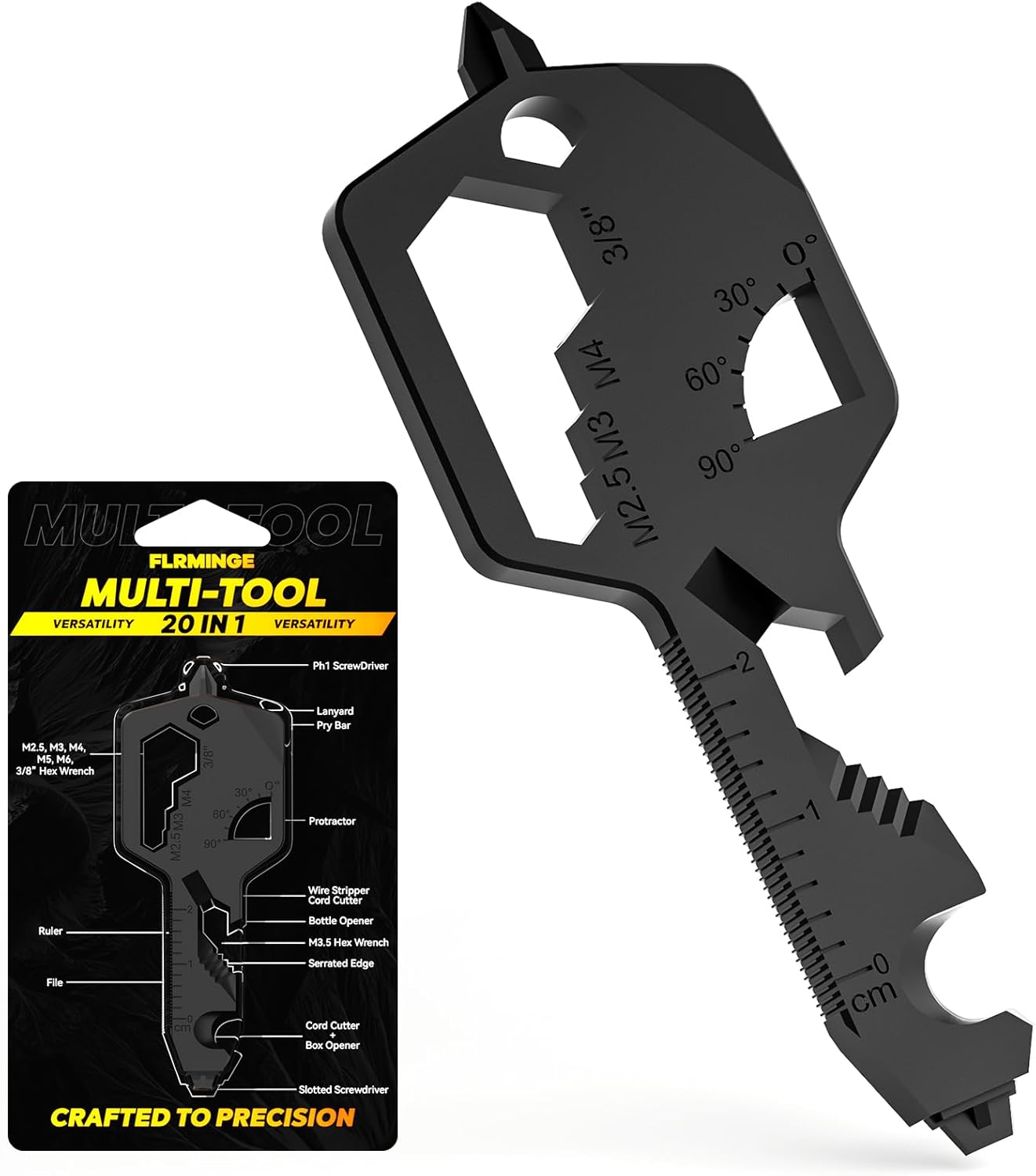 Key Shaped Pocket Multitool 26-In1 Multi Tool, Bottle Opener, Box Opener, Philip and Flat-Head Screwdrivers, 8 Size Hex Wrench, Allen Wrench, Ruler, Protractor, Wire-Stripper (Black)