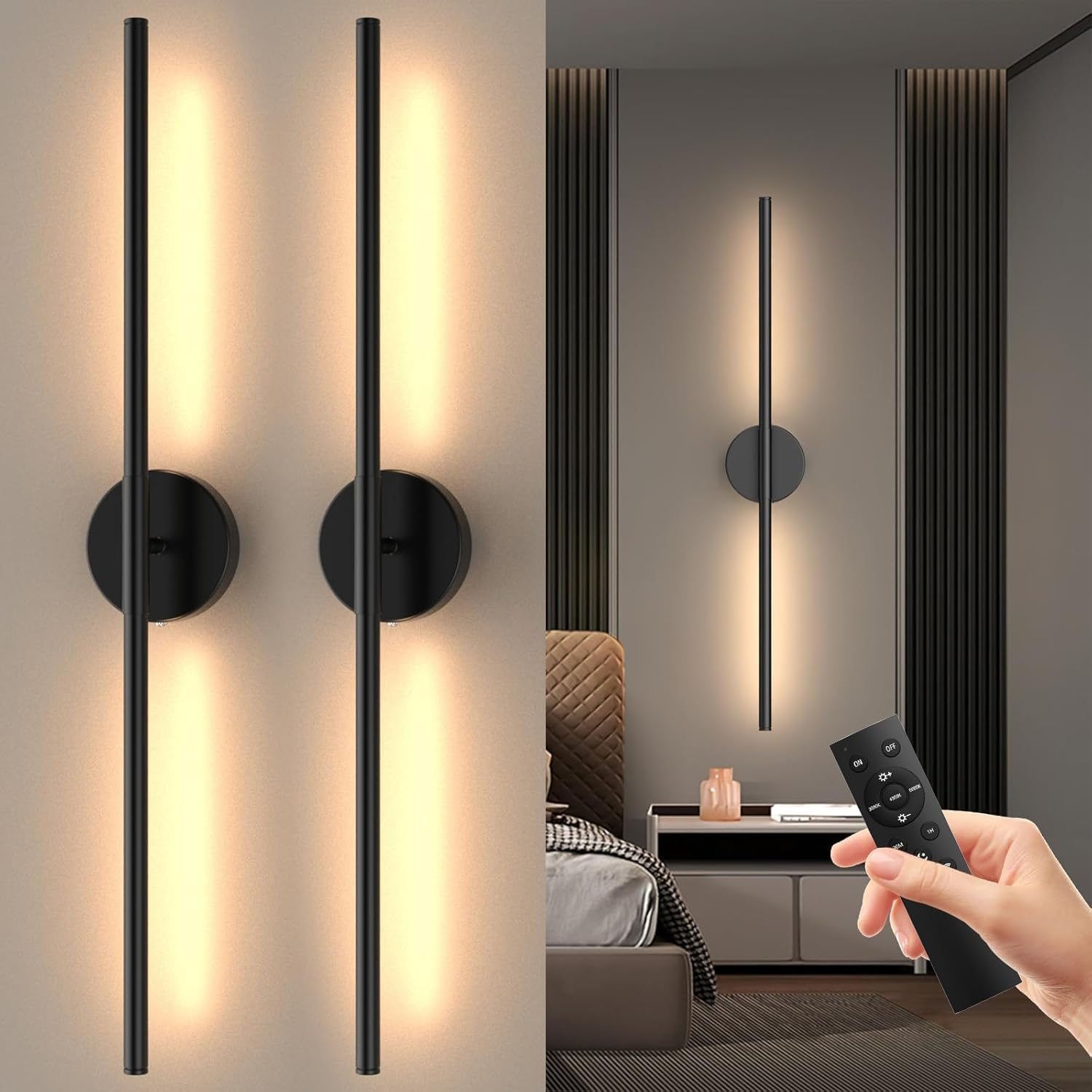 2 Pack Battery Operated Wall Sconces, Wireless 360&deg;Rotate Wall Sconces with Remote Control Dimmable Timing, LED 3 Color Rechargeable Wall Lights for Living Room, Hallway, Bedroom (Black A)