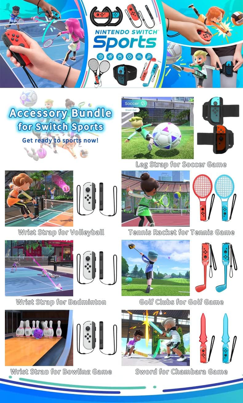 10 in 1 Switch Sports Game Accessories Compatible with Switch OLED Joy-Con Controller, Hand Strap, Leg Strap, Golf Clubs, Sword, Badminton Rackets
