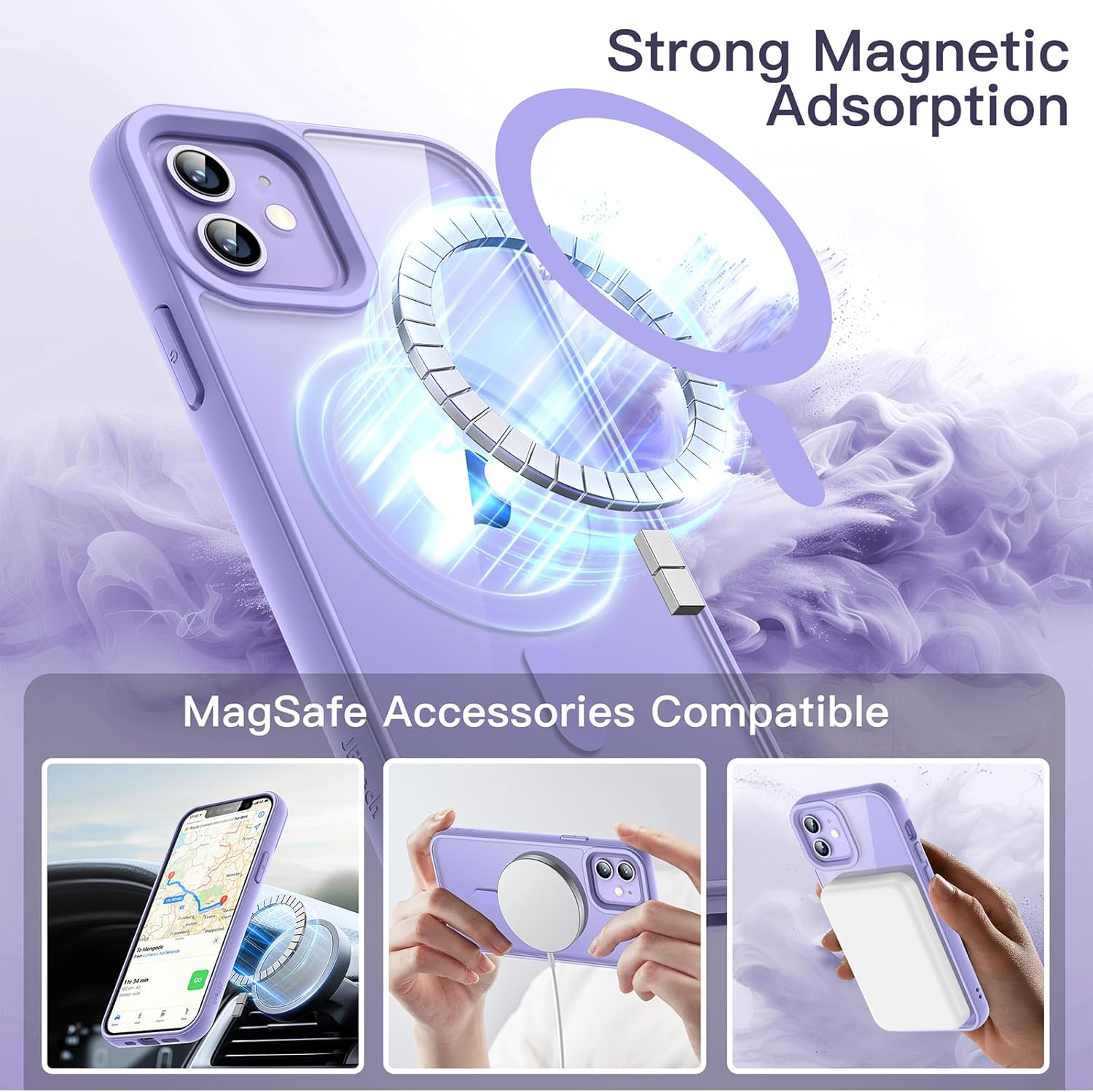 Jetech Magnetic Case for Iphone 12/12 Pro 6.1-Inch Compatible with Magsafe, Shockproof Phone Bumper Cover, Solid Color Matte TPU Frame, Anti-Scratch Clear Back (Purple) image number 5