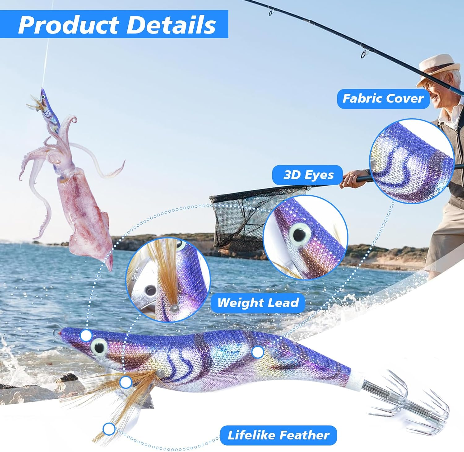 8 PCS Squid Jig Fishing Hook, Fishing Spinner Lures Kit, Shrimp Artificial Lures, Luminous Shrimp Squid Jig Hooks, Hard Fishing Lures, Octopus & Cuttlefish Fishing Hook Tackle for Anglers image number 3