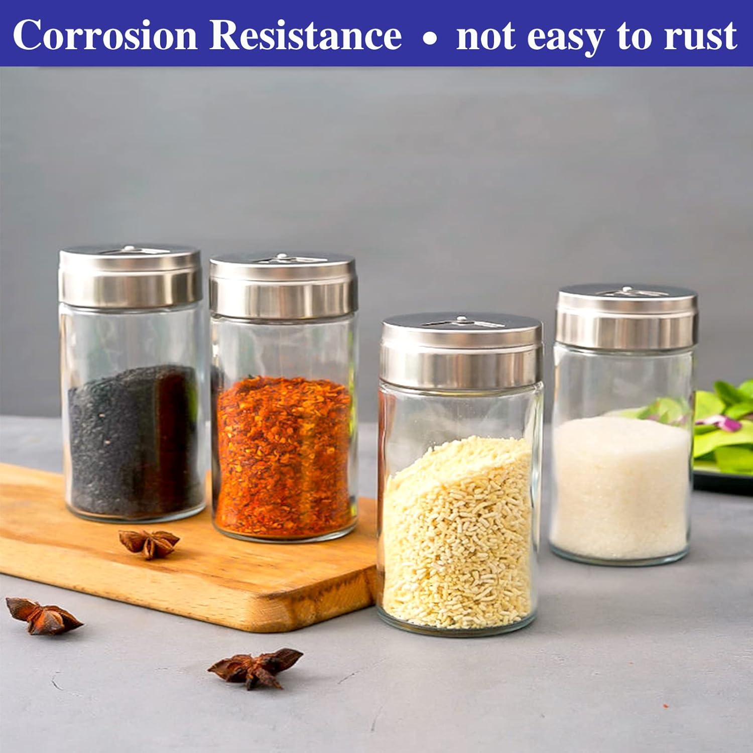 4Pcs Salt and Pepper Shakers Set, Salt Shaker and Pepper Shaker with Adjustable Pour Holes, Pepper and Salt Container with Stainless Steel Lid,Glass Salt and Pepper Shakers,Spice Shaker for Kitchen image number 5