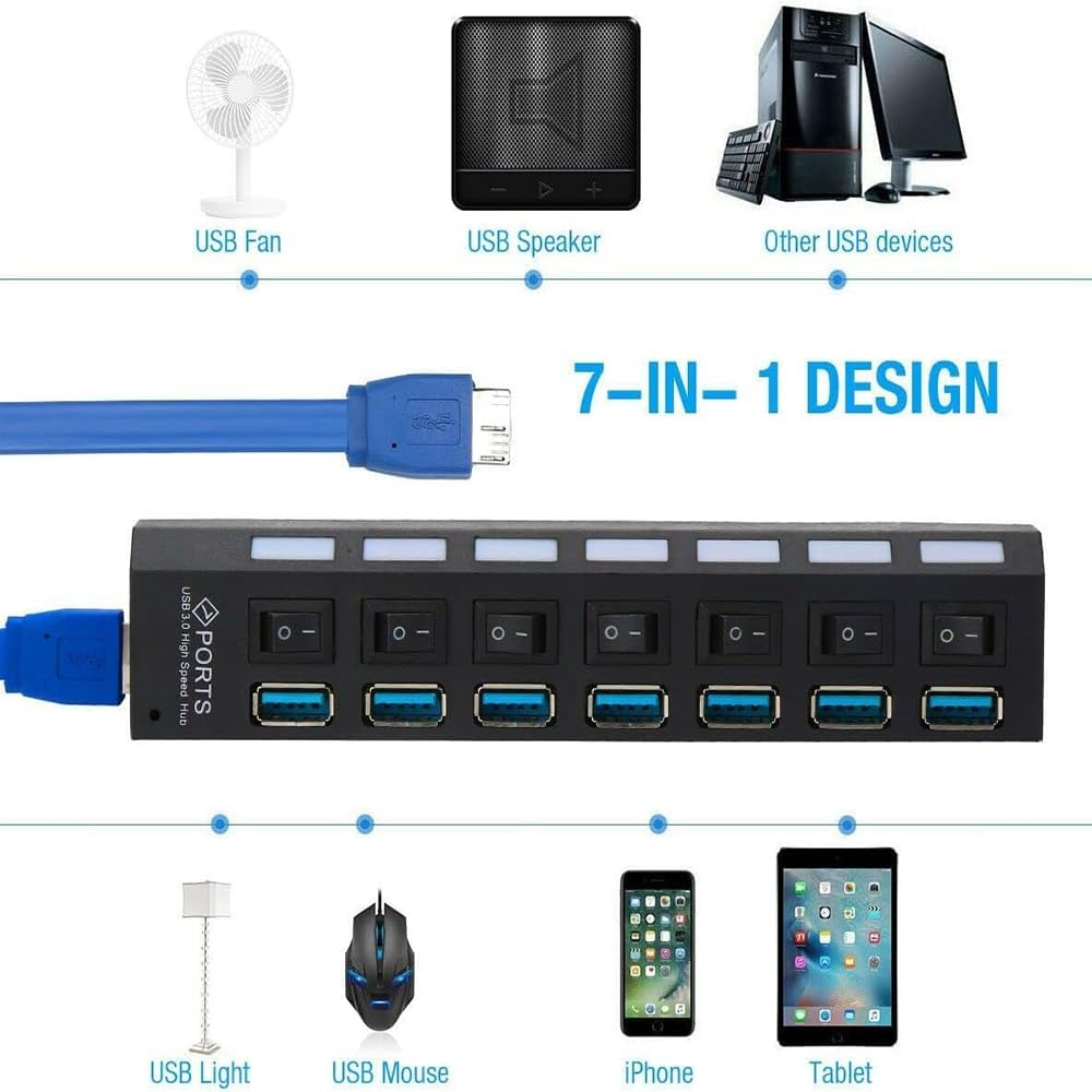 USB HUB,7 Port USB 3.0 HUB 5.0Gbps Data Transfer, with Independent LED Power Switch for XPS, PC, Flash Drives, Portable Hard Drives, Etc., image number 5