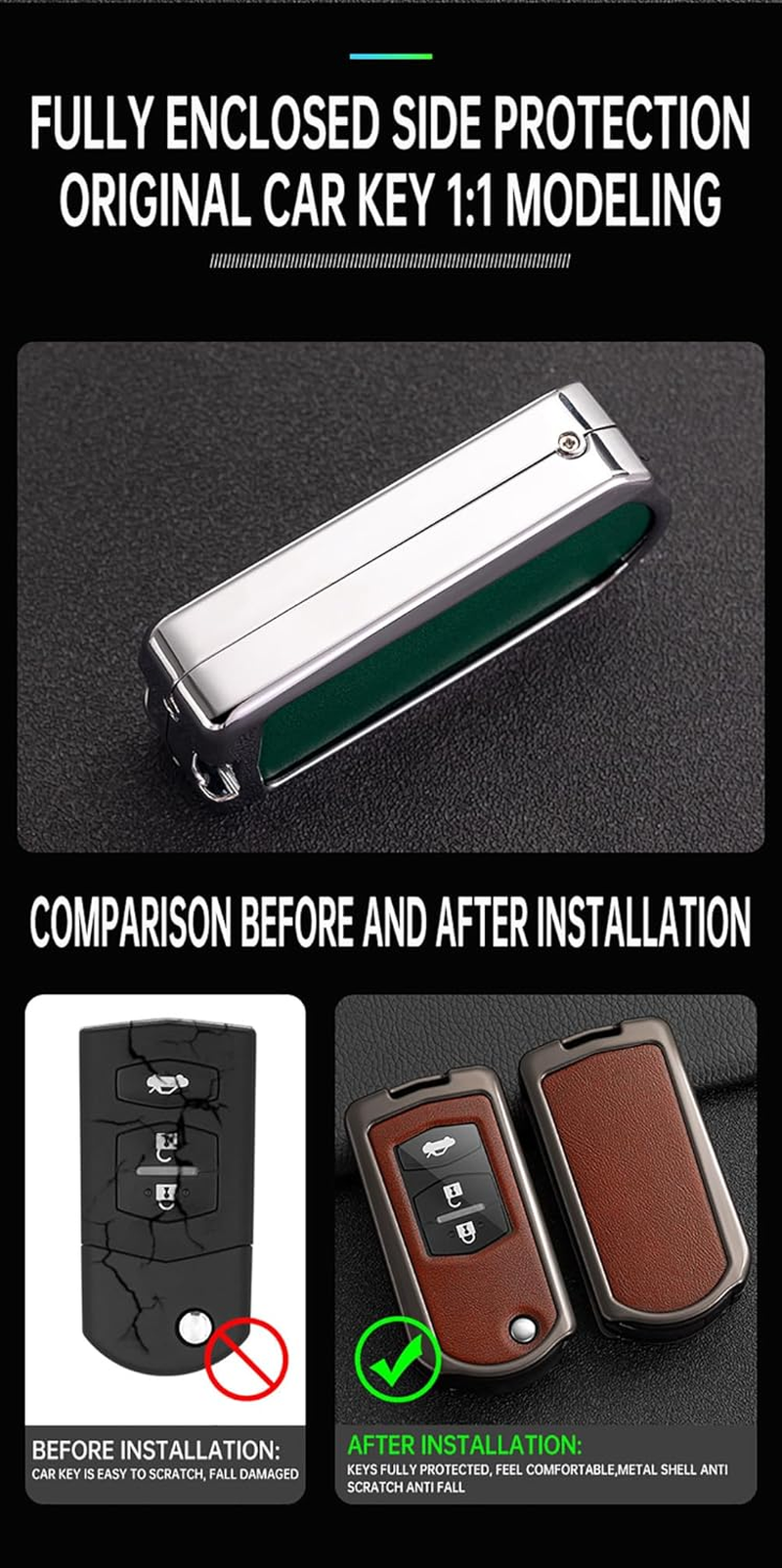 Folding Car Key Case Key Cover Zinc Alloy Leather Keychain Fit for It for Mazda 2 3 5 6 CX5 CX7 CX9 RX8 M6 MX5 Key Shell Protection Covers 2 3 Buttons Key Fob Holder Cover Keyring Silvery-Black image number 4