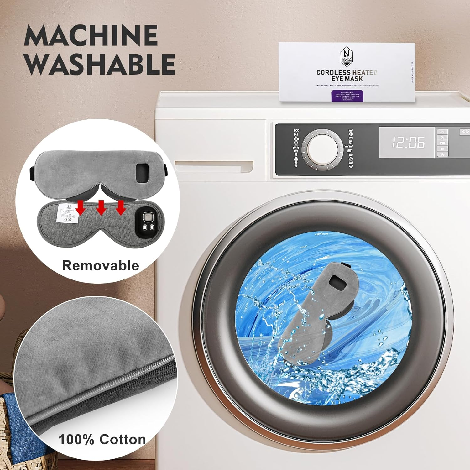 Aroma Season Heated Eye Mask, Cordless Warm Eye Compress, 4 Temperature Level, Light-Blocking,1000Mah, Washable Design, Gifts for Men Women(Grey) image number 4