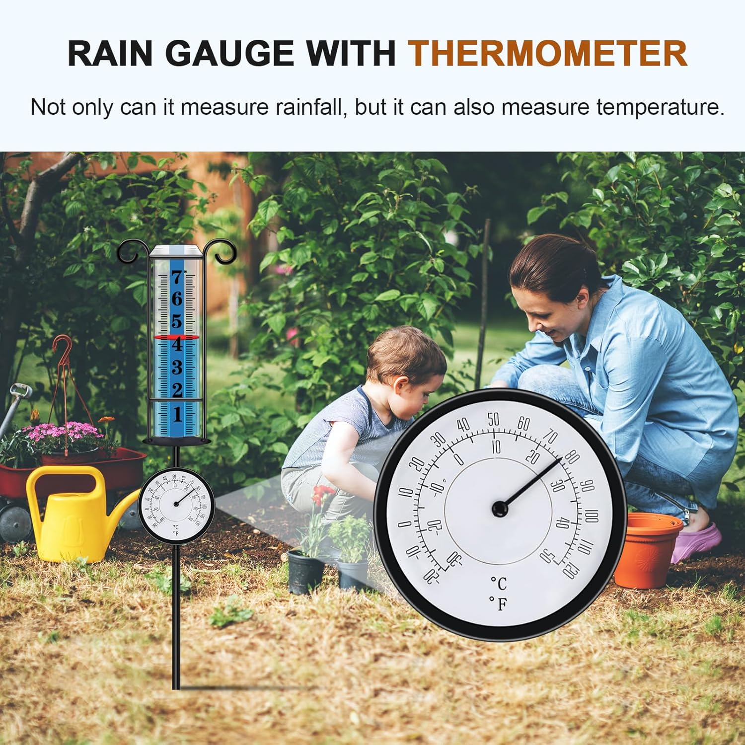 Jmbay Rain Gauge Outdoor with Thermometer, Rain Gauges Outdoors Best Rated, Large Font Rain Measure Gauge for Yard, Rain Water Meter with Thickened Plastic Tube and Duralbe Metal Stake for Patio,Lawn