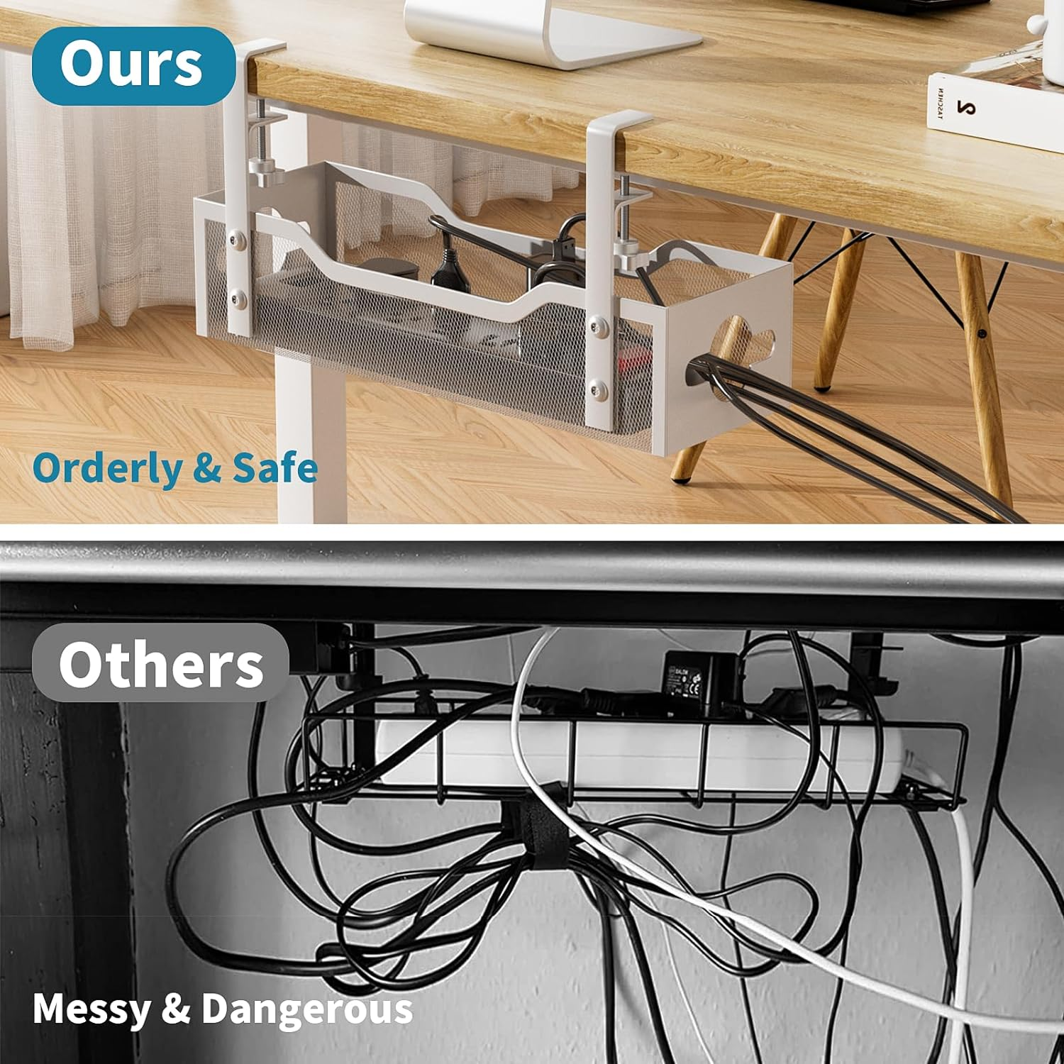 Under Desk Cable Management Tray, Litwaro No Drill, Metal Tray with Clamp for Wire Management, Cord Organizer Home Office Damage to Standing Desk, White, 13.38'' image number 4