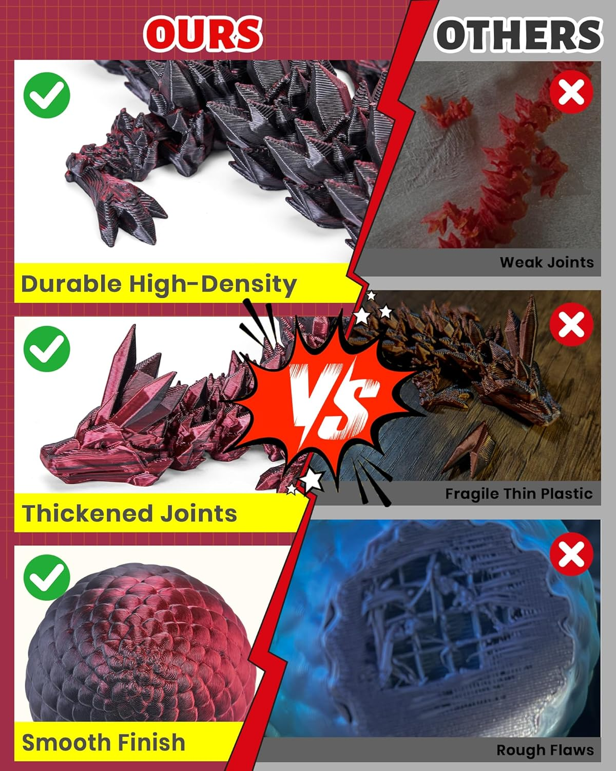 3D Printed Dragon Egg with Articulated Dragon inside - Adult Fidget Toys for Autism ADHD (Black Red) - Laser Yellow Green-12Inch image number 4