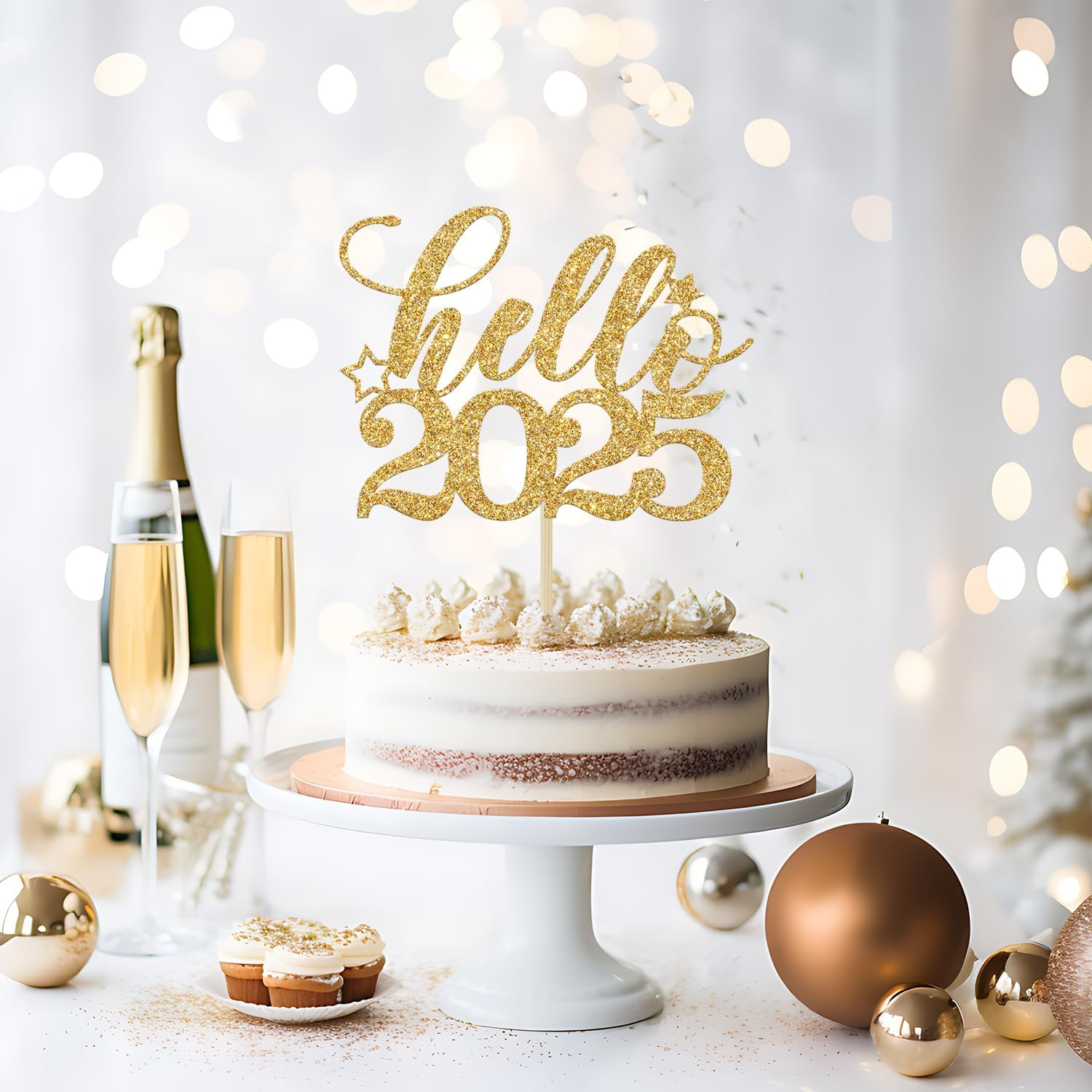 Hello 2025 Cake Topper, Happy 2025 Party Decor, Happy New Year Cake Decorations, 2025 New Years Eve Party Decorations Supplies, Gold Glitter image number 4