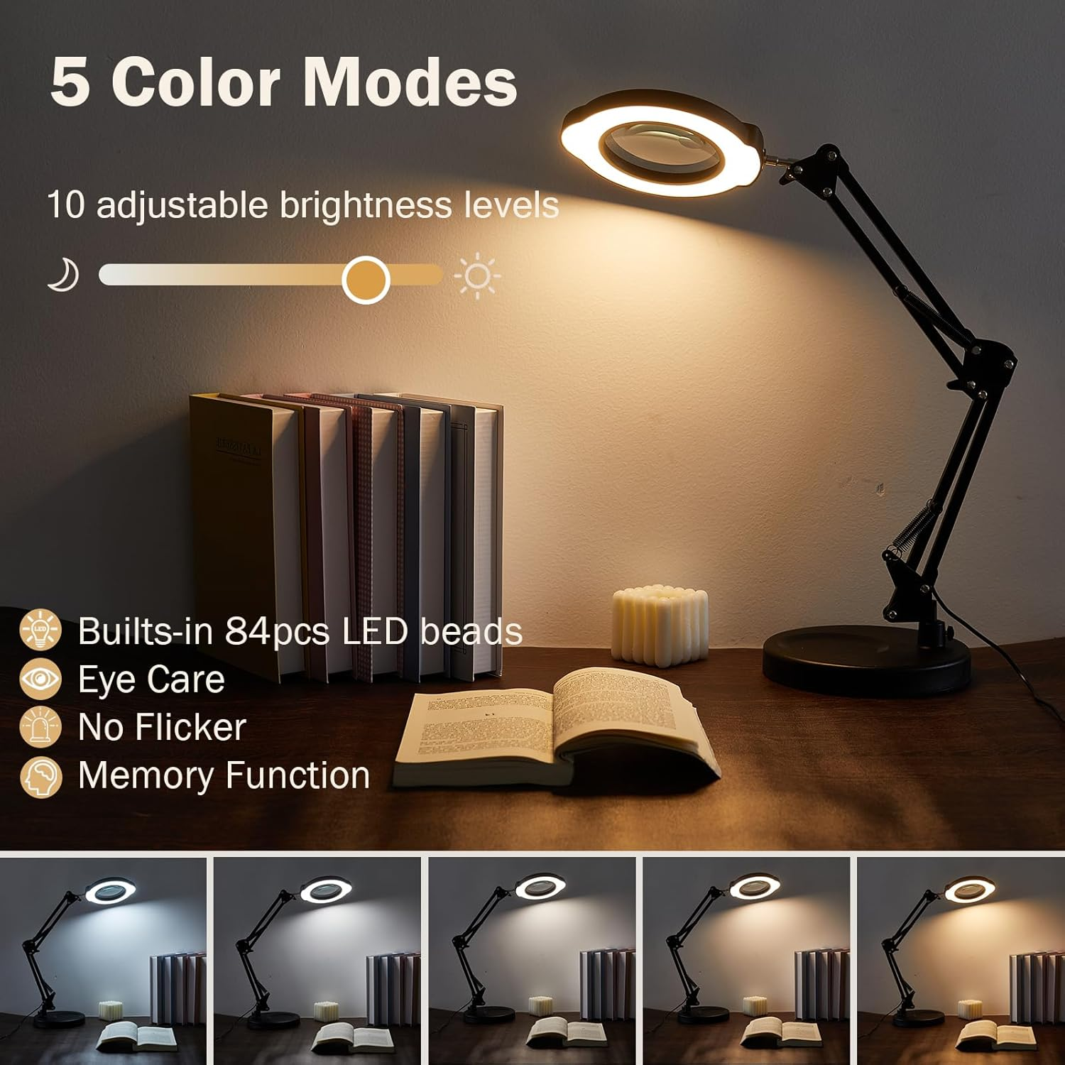 15X 10X Magnifying Glass with Light and Stand, 2 in 1 Magnifying Desk Lamp with Clamp & Base, 5 Color Modes Dimmable with Swing Arm, LED Lighted Magnifier Light for Reading, Repair, Craft, Close Work image number 6