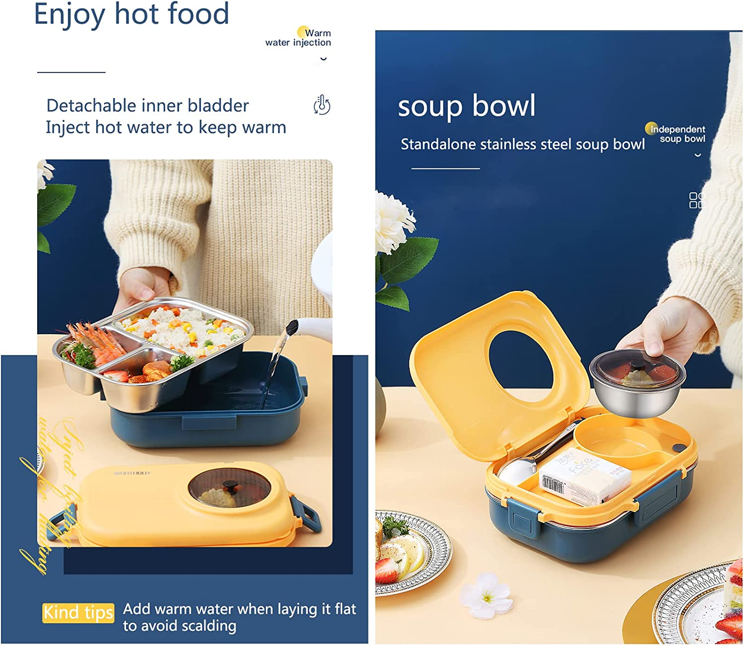 Bento Lunch Box, 3 Compartments Stainless Steel, Leak-Proof with Bowl, Water Fillable, BPA Free, Suitable for Camping, School, Office image number 6