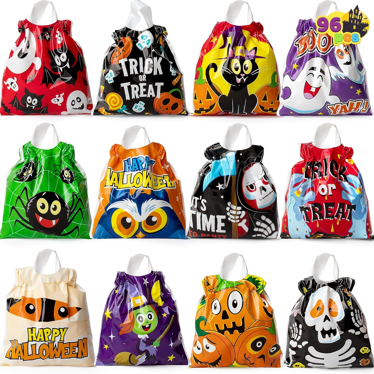 JOYIN 96 Pcs Halloween Drawstring Treat Bags for Trick-Or-Treating, 6"X6" Halloween Goodie Candy Bags, Classroom Party Favor Supplies image number 6