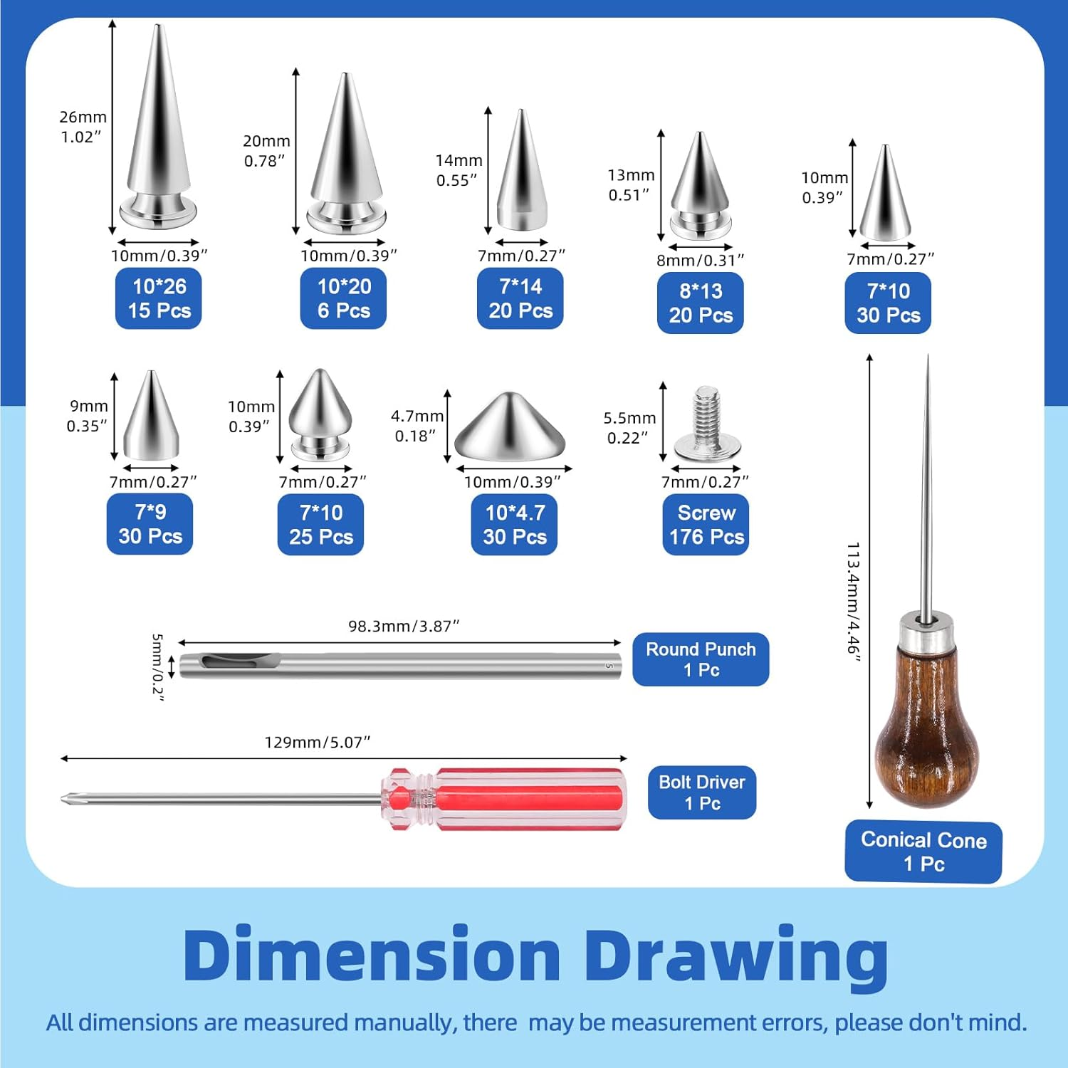 Glarks 355Pcs Silver Punk Spikes and Studs Kit, 7 Sizes Zinc Alloy Cone Spike and Stud Rivet, Metal Leather Tree Spikes Studs with Scratch Awl Screwdriver Punch for Punk Clothing Jacket Shoes Wallet image number 4