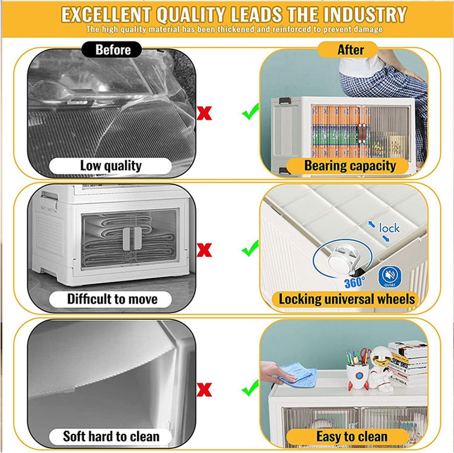 3 Pack Folding Storage Bins with Lid, Closet Organizers and Storage with Doors, Plastic Stackable Storage Bins Folding Storage Box Collapsible Trunk Storage Bin with Wheels, Opening Storage Boxes Set