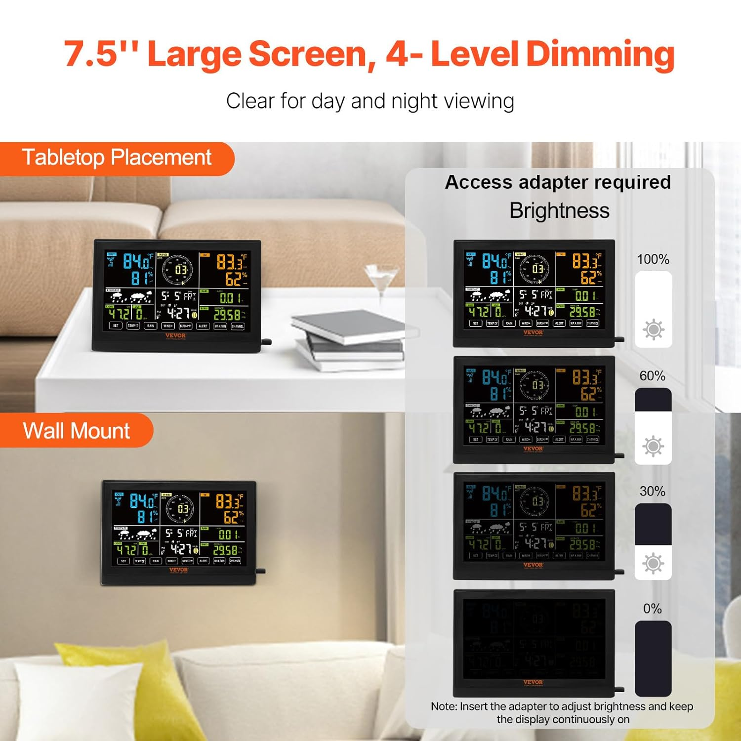 VEVOR 7-In-1 Wireless Weather Station, 7.5 in Color Display, Digital Weather Station Indoor Outdoor, for Temperature Humidity Wind Speed/Direction Rain UV, with Forecast Data, Alarm, Alerts-No Wifi image number 1