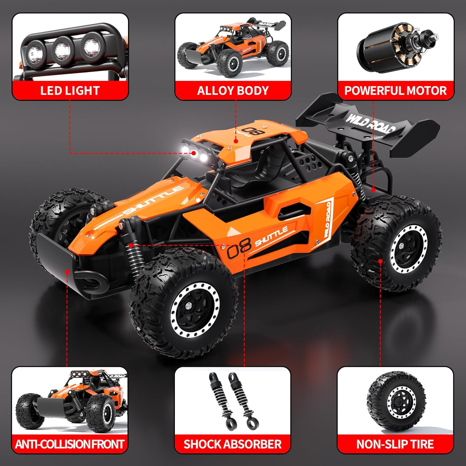 Remote Control Car,1:16 Scale Alloy RC Cars Toys for Boys Kids, 2.4Ghz 4WD Off-Road Vehicle with LED Headlight(Orange) - Orange image number 4