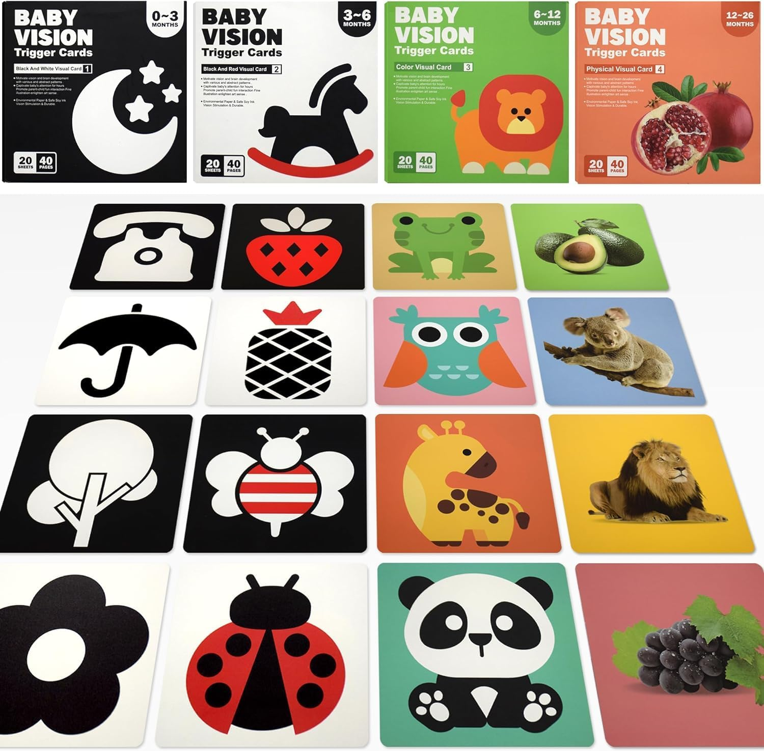 80PCS 160 Page Baby Visual Stimulation Cards,High Contrast Infant Flashcards for Baby Sensory Develop,3D Learning Activity Card for Baby 0-3-6-9-12-18-36 Months,Tummy Time Baby Toy Gifts image number 3