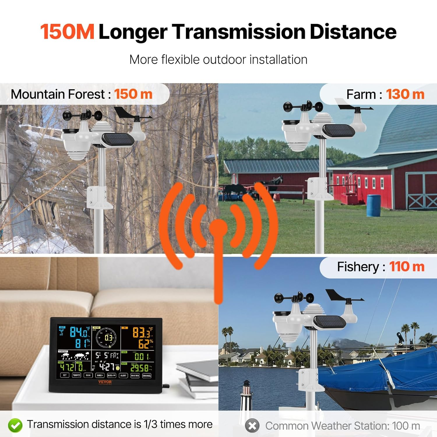 VEVOR 7-In-1 Wireless Weather Station, 7.5 in Color Display, Digital Weather Station Indoor Outdoor, for Temperature Humidity Wind Speed/Direction Rain UV, with Forecast Data, Alarm, Alerts-No Wifi image number 2