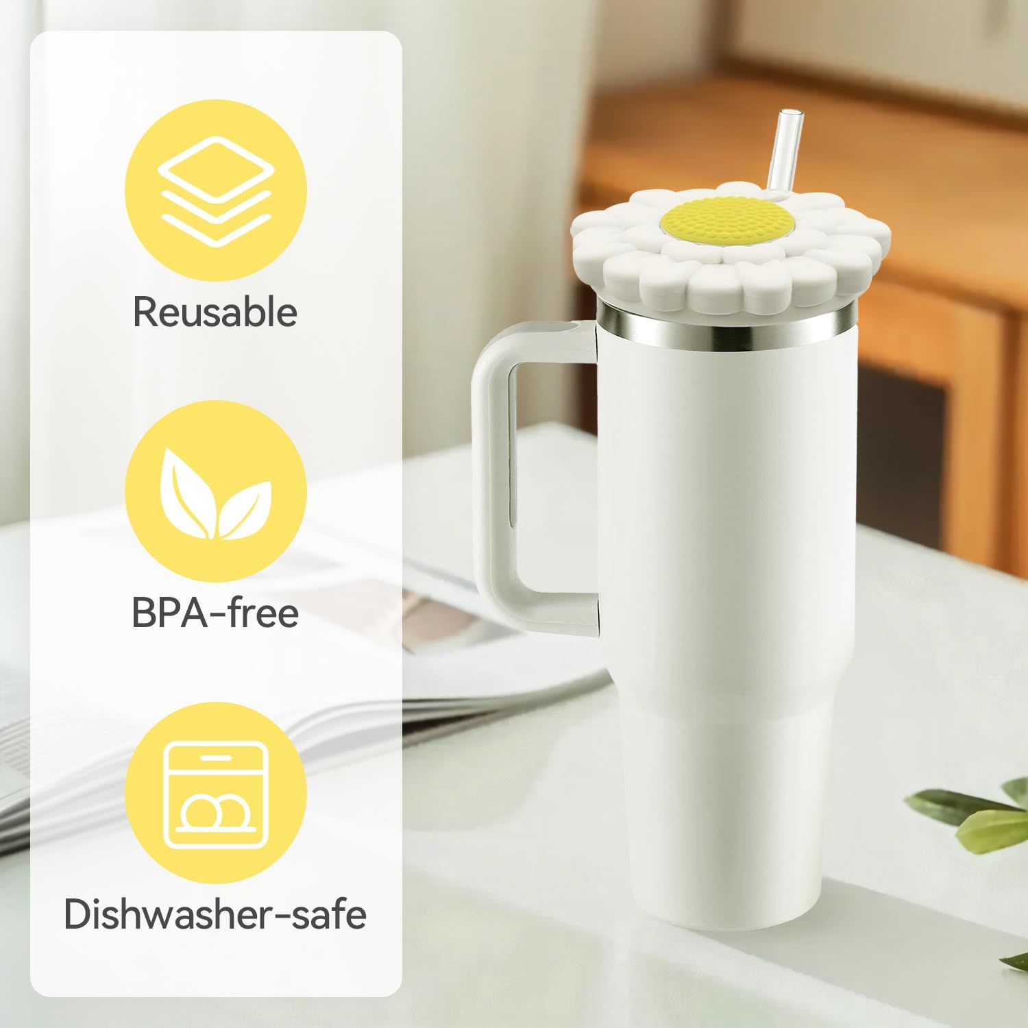 Dustproof Lid for Stanley 40Oz Tumbler with Handle - Flower Silicone Dust Cover, Anti-Scratch Accessory (White) image number 3