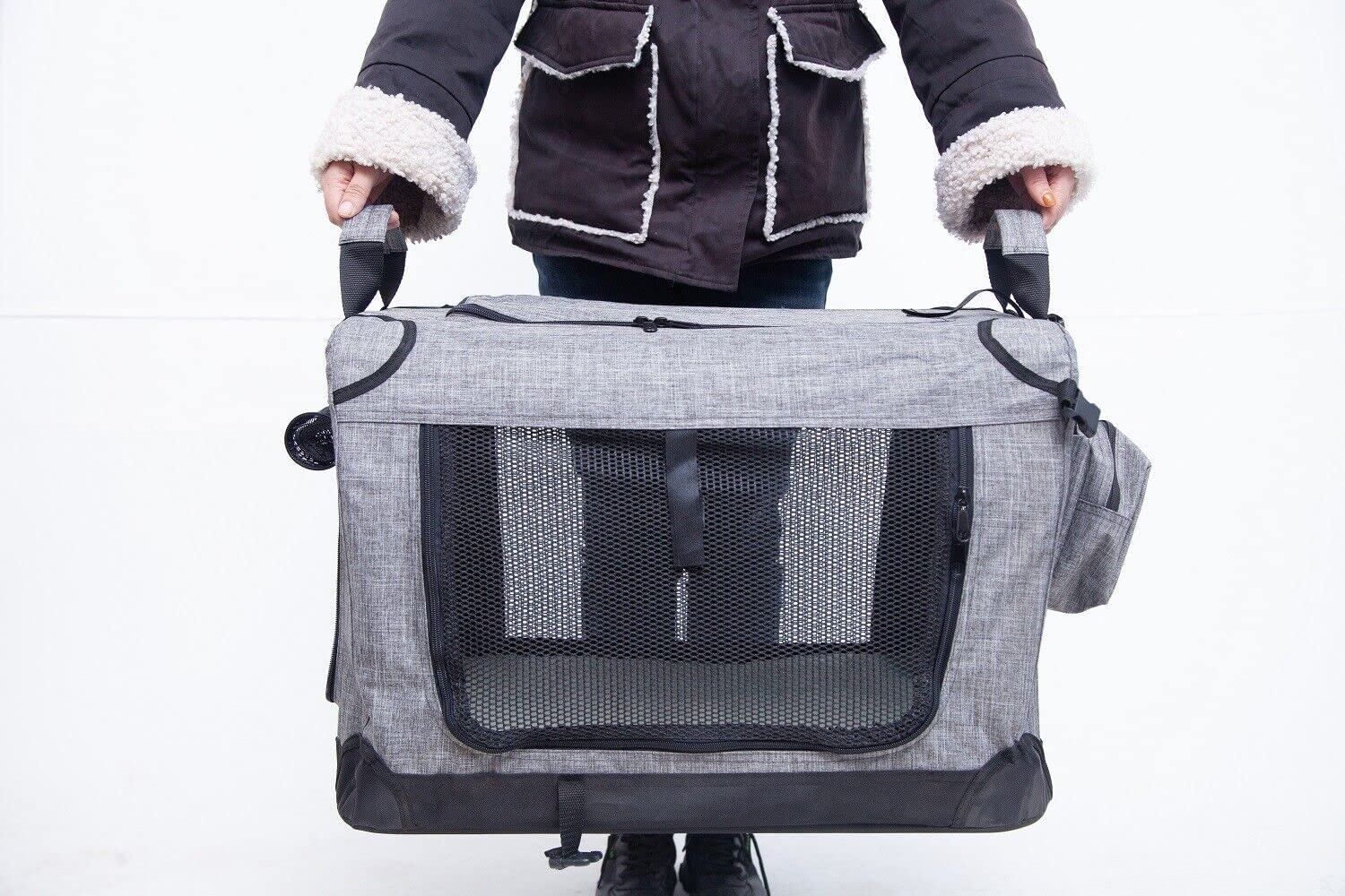 Ondoing Foldable Dog Crate, Portable Pet Outdoor Carrier, Car Travel Cage, Kennel with Mat, Transport Cage, Folding Dog Crate for Traveling, Multifunctional, Heavy Duty, Grey, 50X34X34Cm image number 6