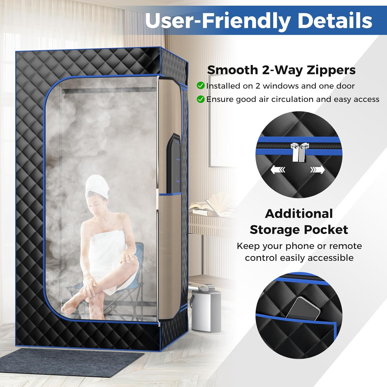 Costway Portable Steam Sauna for Home, Full Body Sauna Box with 3L Steam Generator, Remote Control, Wood Foot Massager & Foldable Chair, Lightweight Single Person Sauna Tent (Black) image number 5