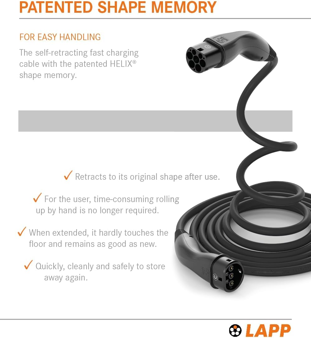 Lapp Type 2 5M Self-Retracting EV Helix Cable 7.4Kw 1P 32A, Type 2 to Type 2 EV/PHEV Charging, Black, Compatible with S/3/X/Y - Orange image number 2