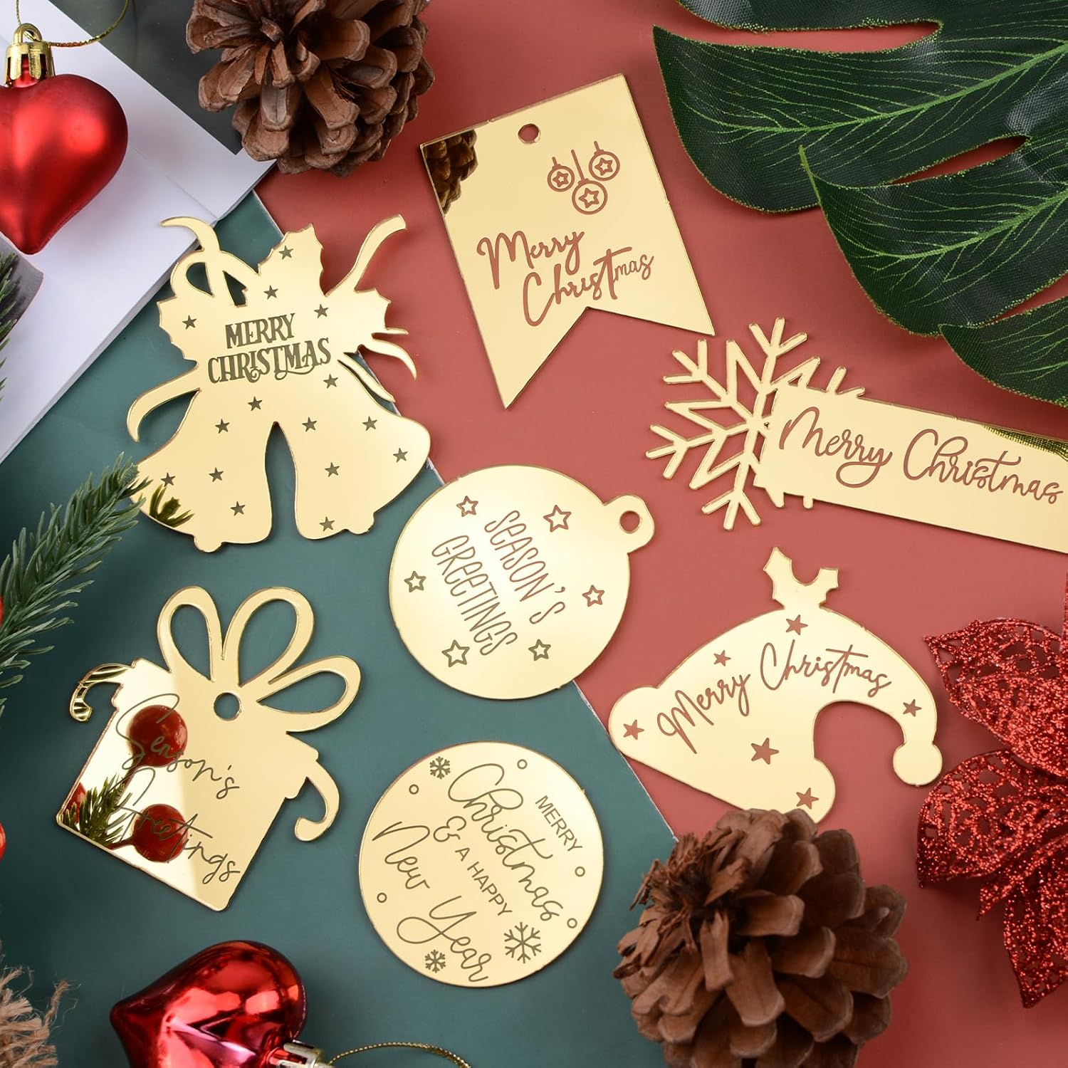 Christmas Cake Topper, 24Pcs Golden Mirror Irregular Merry Christmas Acrylic Cupcake Picks Christmas Themed Cake Discs for DIY Cake Charms image number 4