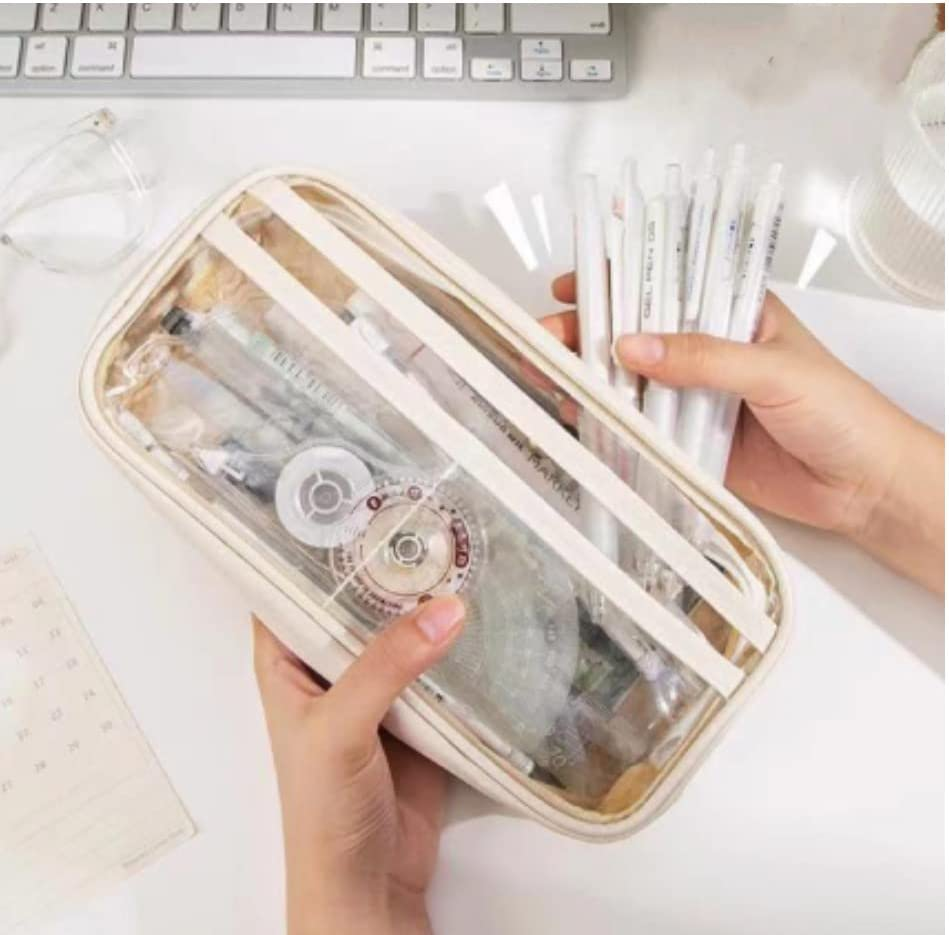 Pencil Case Pen Bag Pouch,Big Capacity Pencil Pen Case,Large Capacity Marker Pouch,Half-Transparent Cute Aesthetic School Supplies Stationary Makeup Bag for Traveling, Schooling image number 3