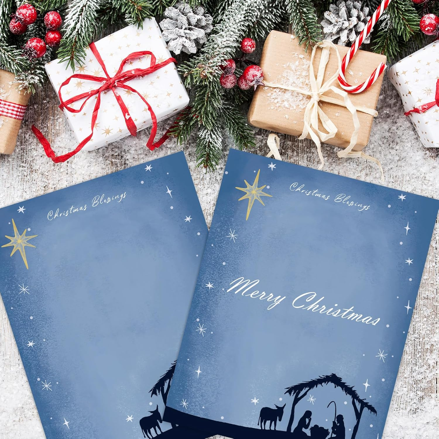 Anydesign 80 Pack Christmas Stationery Letterhead Paper Nativity Scene Letter Paper Blue Writing Paper Notes Greeting Paper for Invitation Office Printing Supplies, 8.5 X 11 Inch